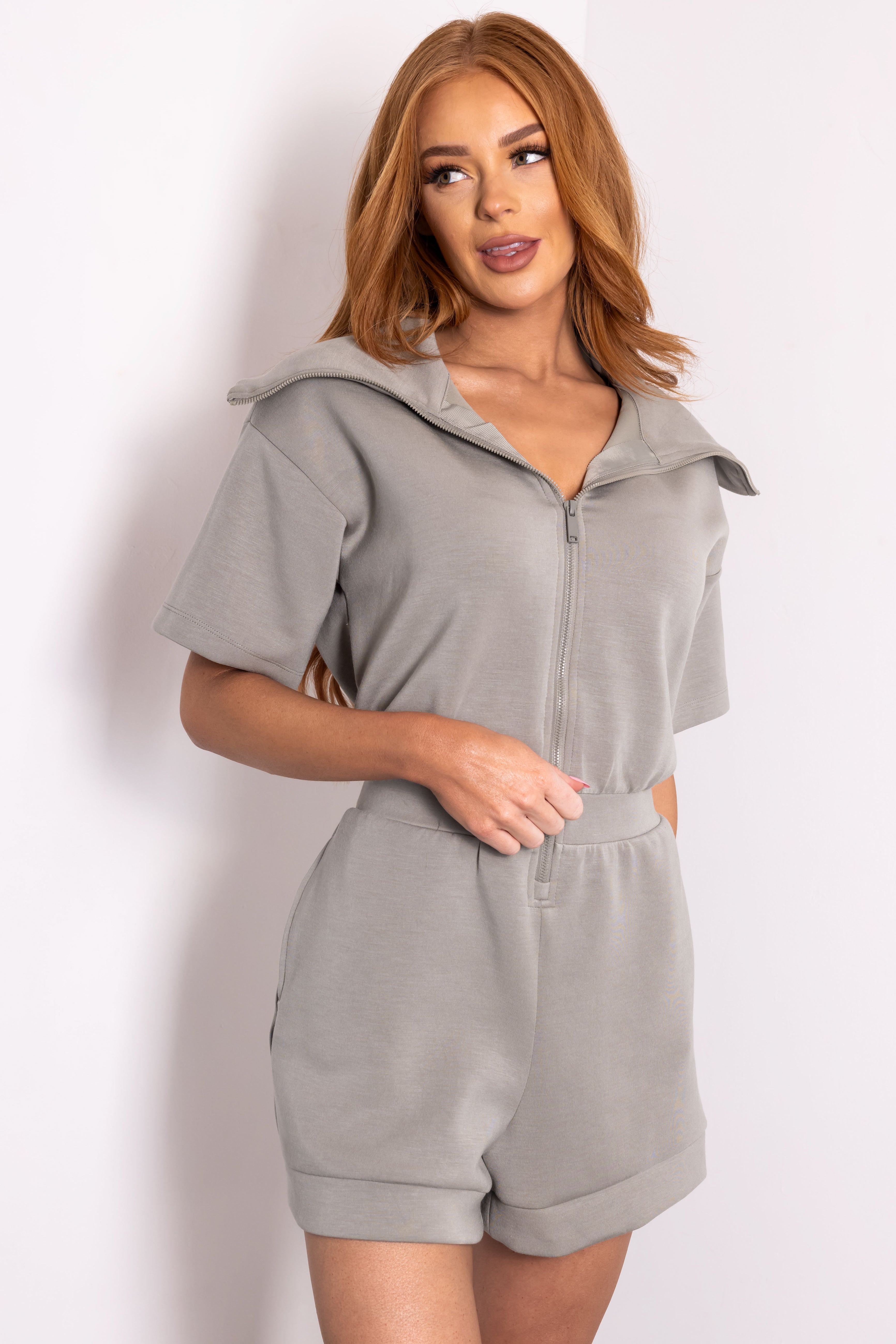 Dusty Sage Short Sleeve Zip Up Romper-Newayad