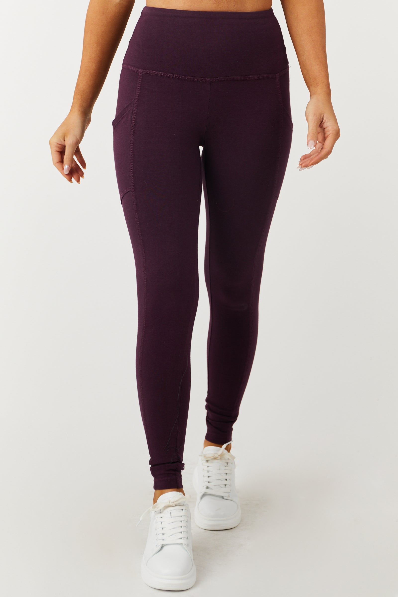 Eggplant Cotton Leggings with Pockets-Newayad