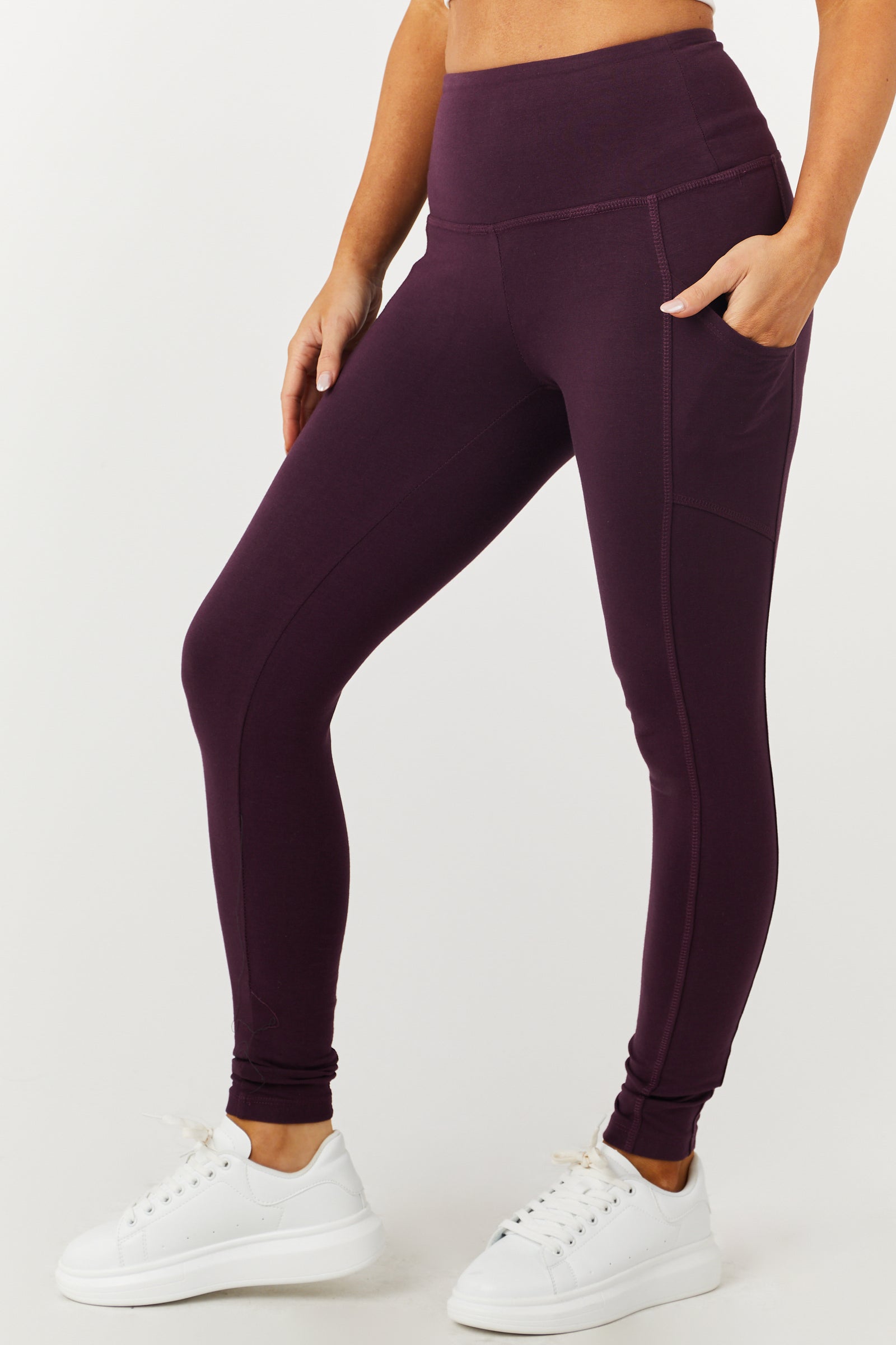 Eggplant Cotton Leggings with Pockets-Newayad