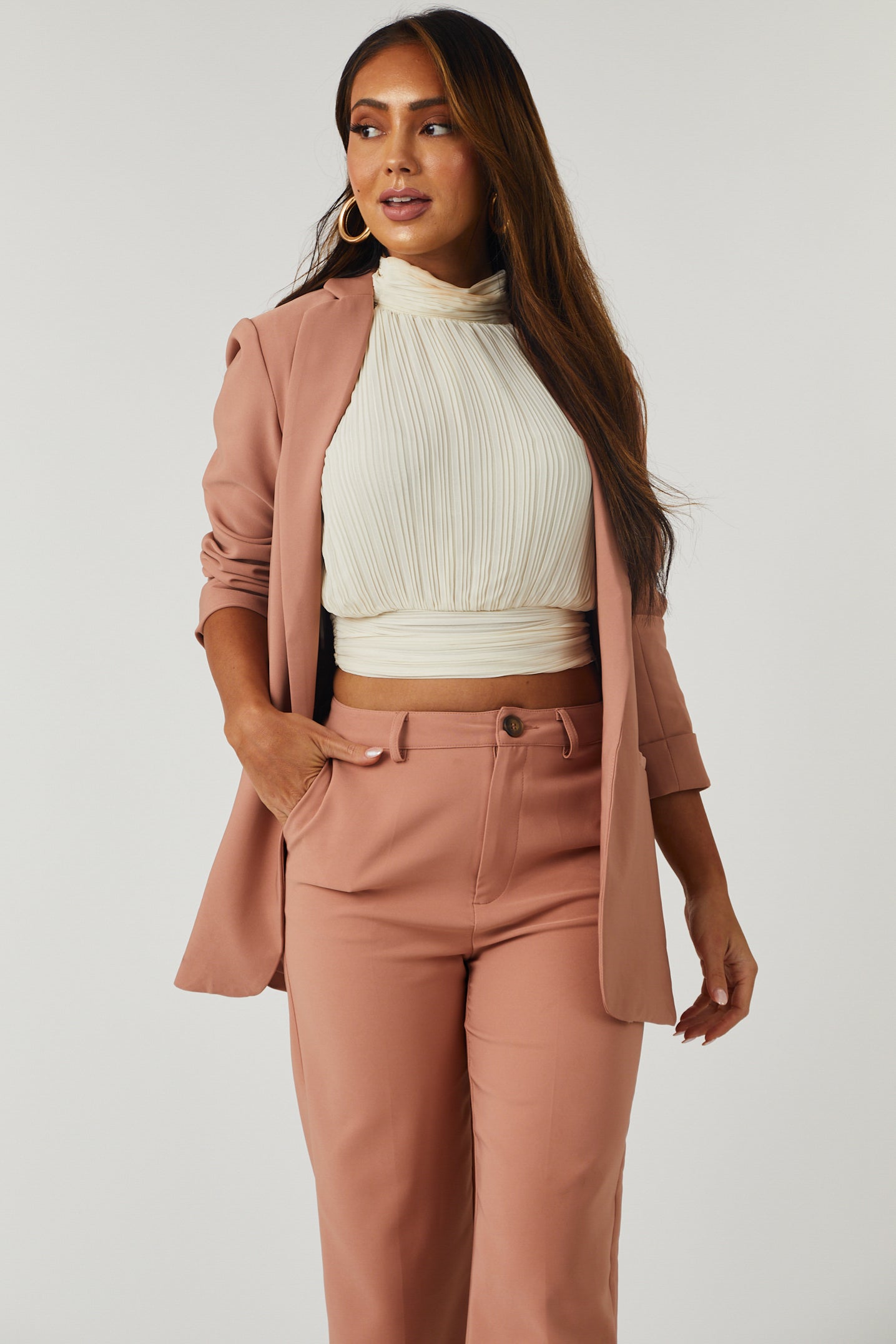 Emily Ginger Longline Open Blazer-Newayad