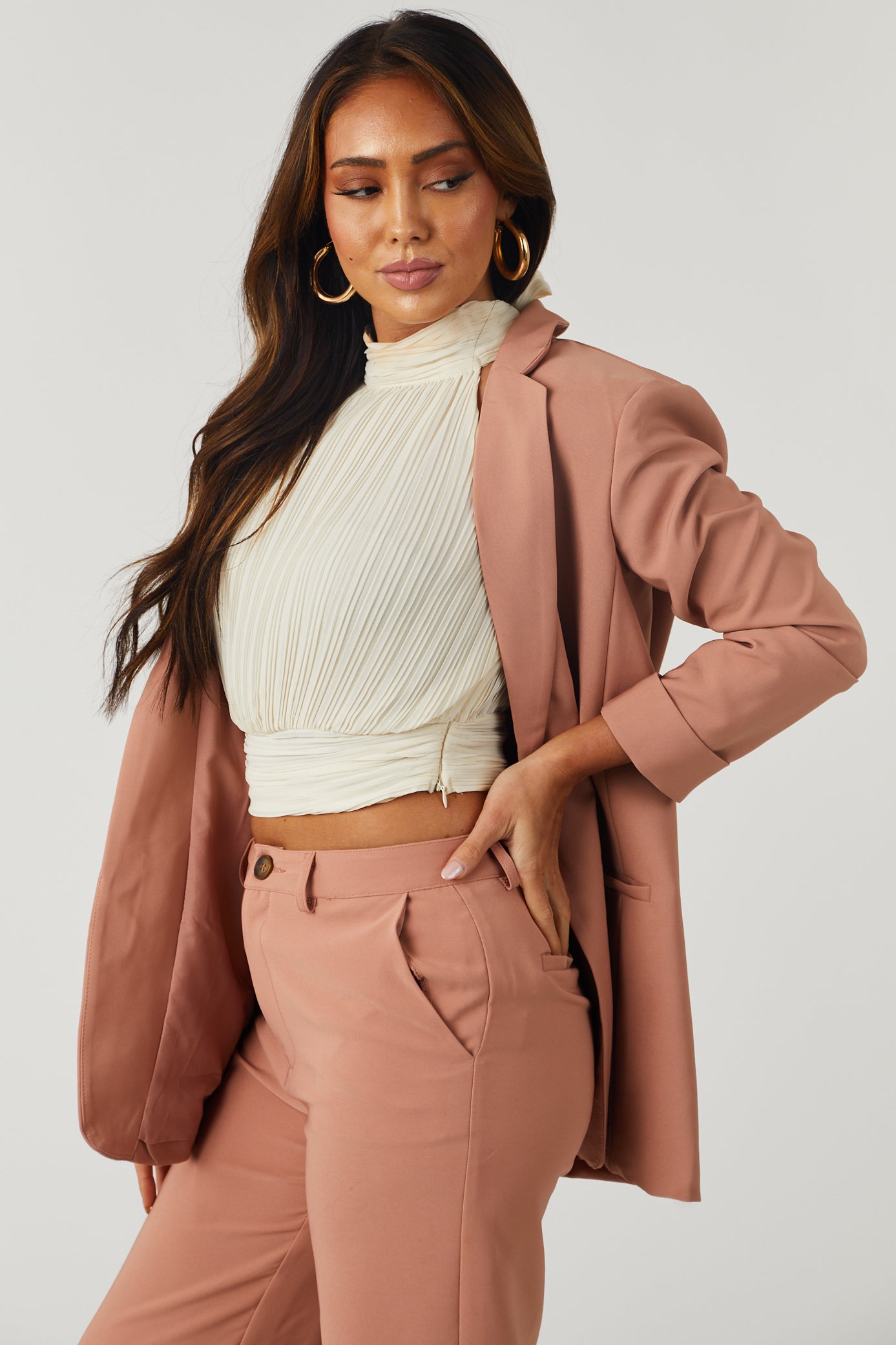 Emily Ginger Longline Open Blazer-Newayad