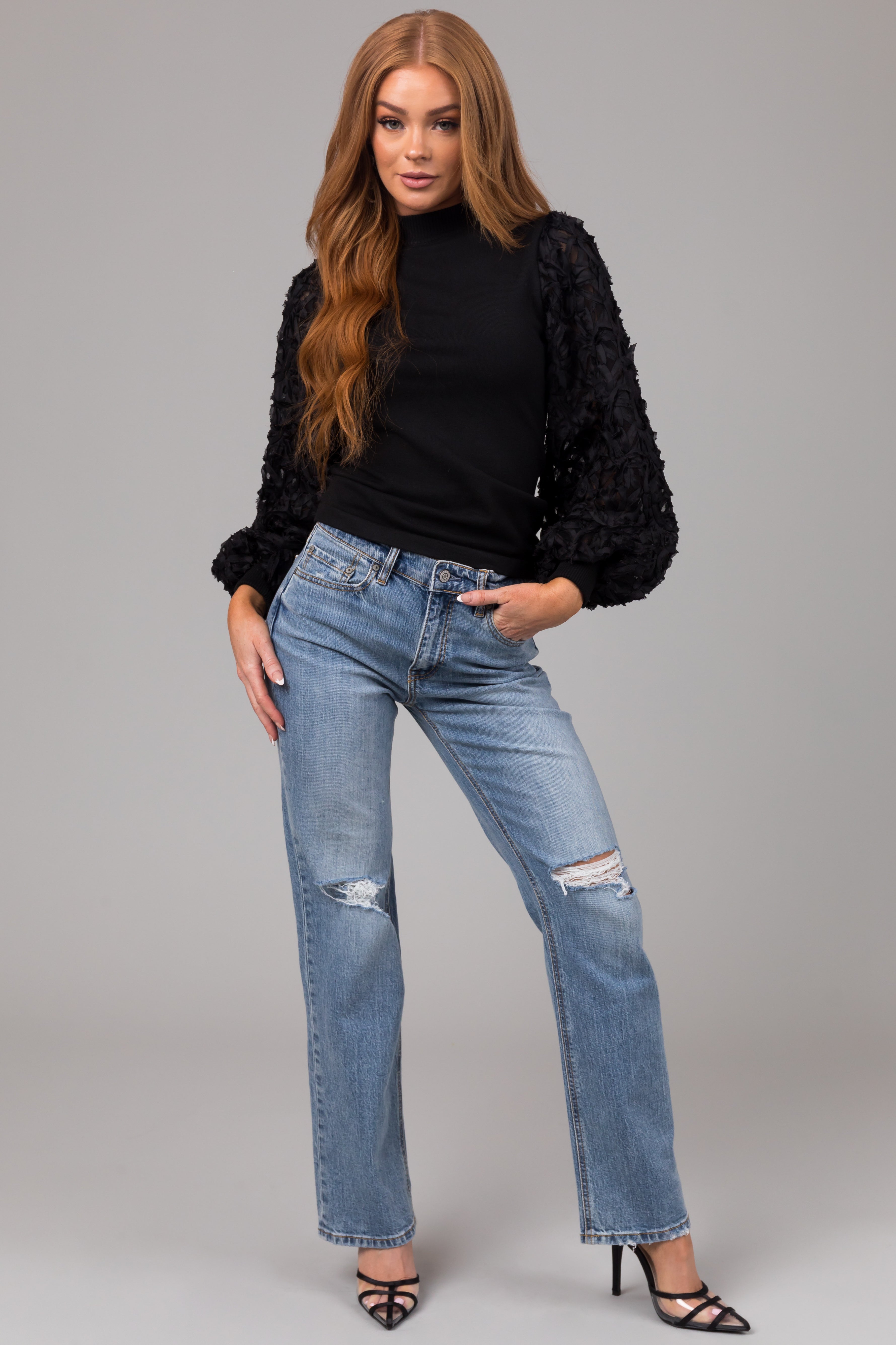 Eunina Medium Wash High Rise Straight Leg Distressed Jeans-Newayad