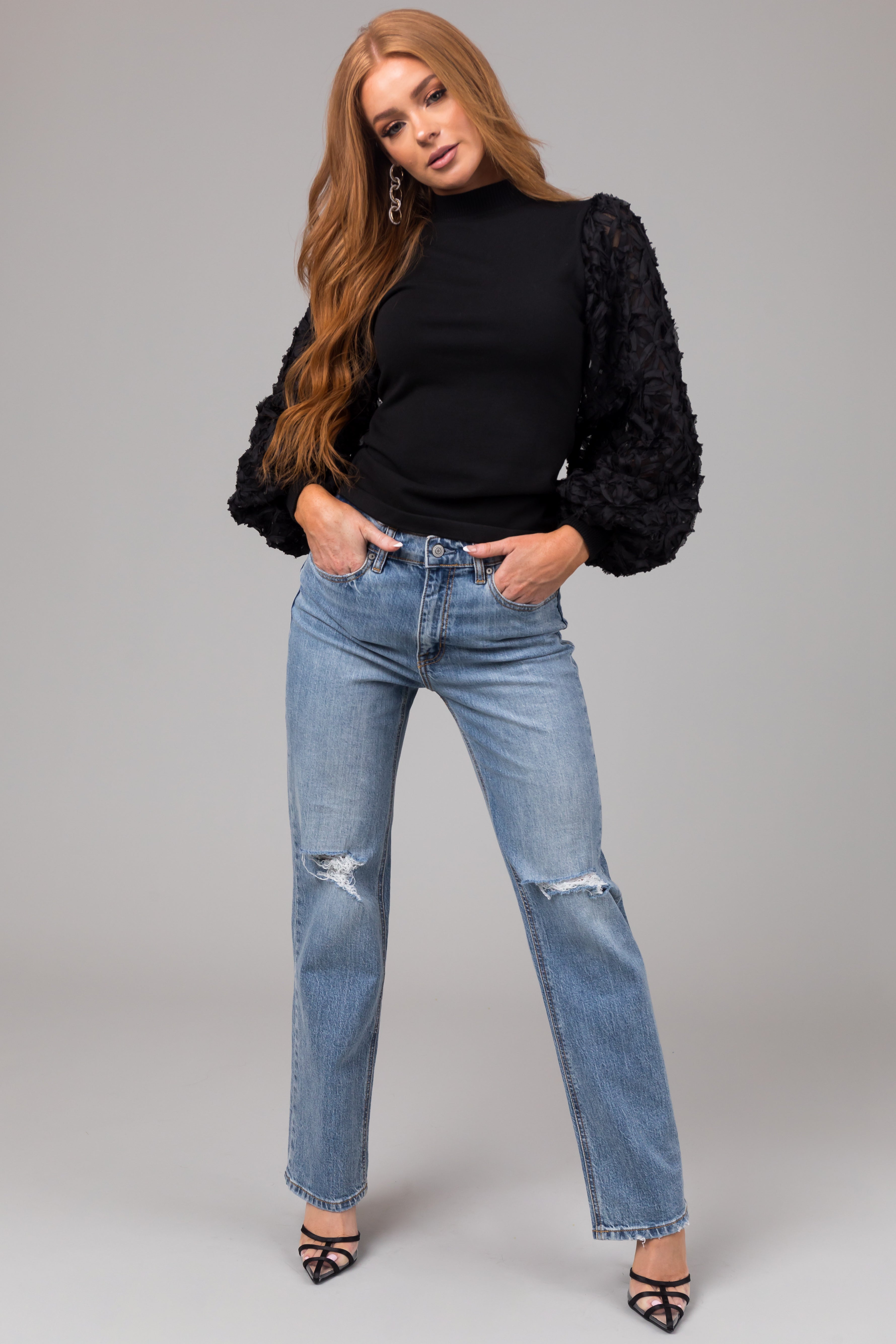 Eunina Medium Wash High Rise Straight Leg Distressed Jeans-Newayad