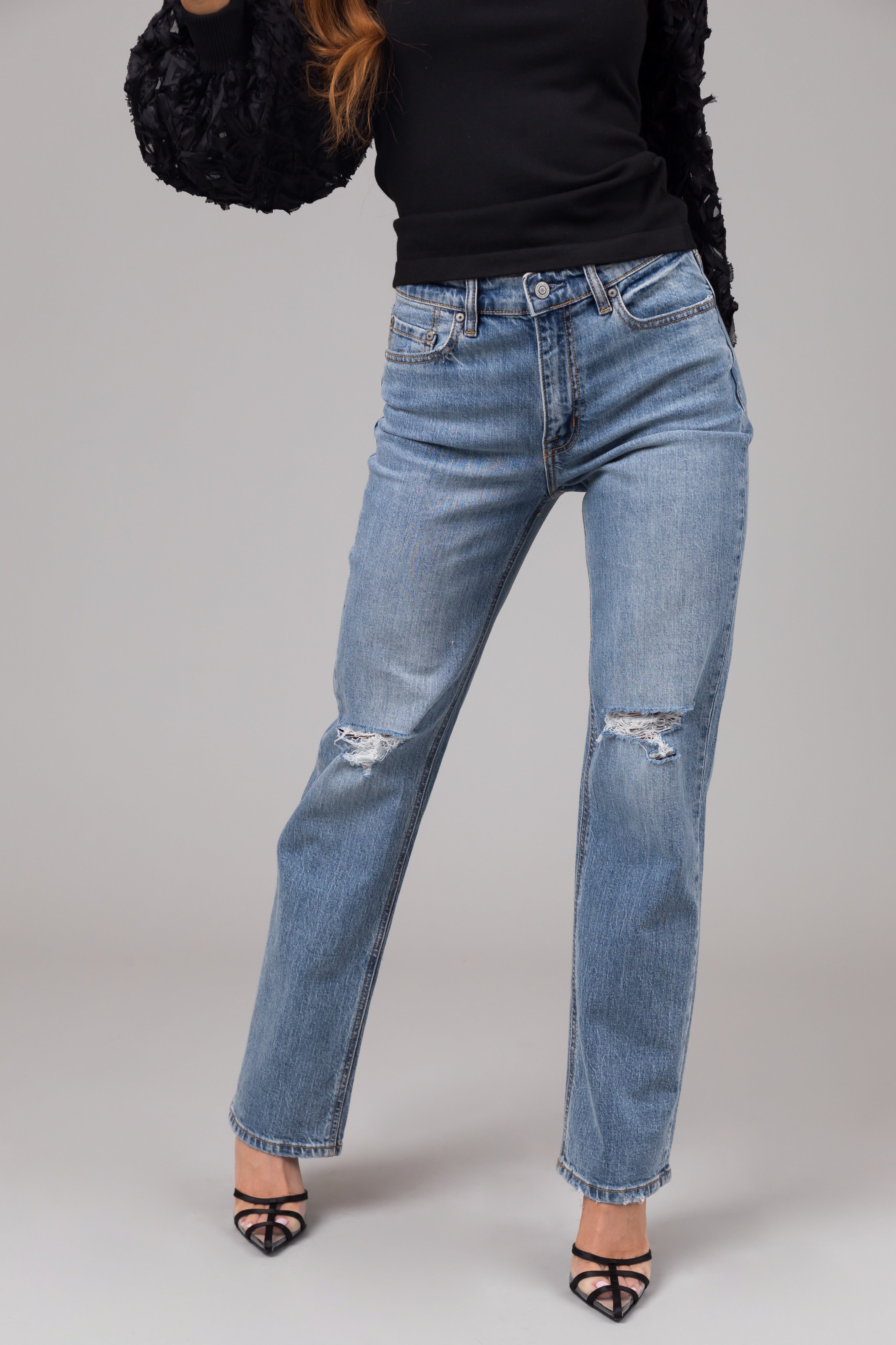 Eunina Medium Wash High Rise Straight Leg Distressed Jeans-Newayad