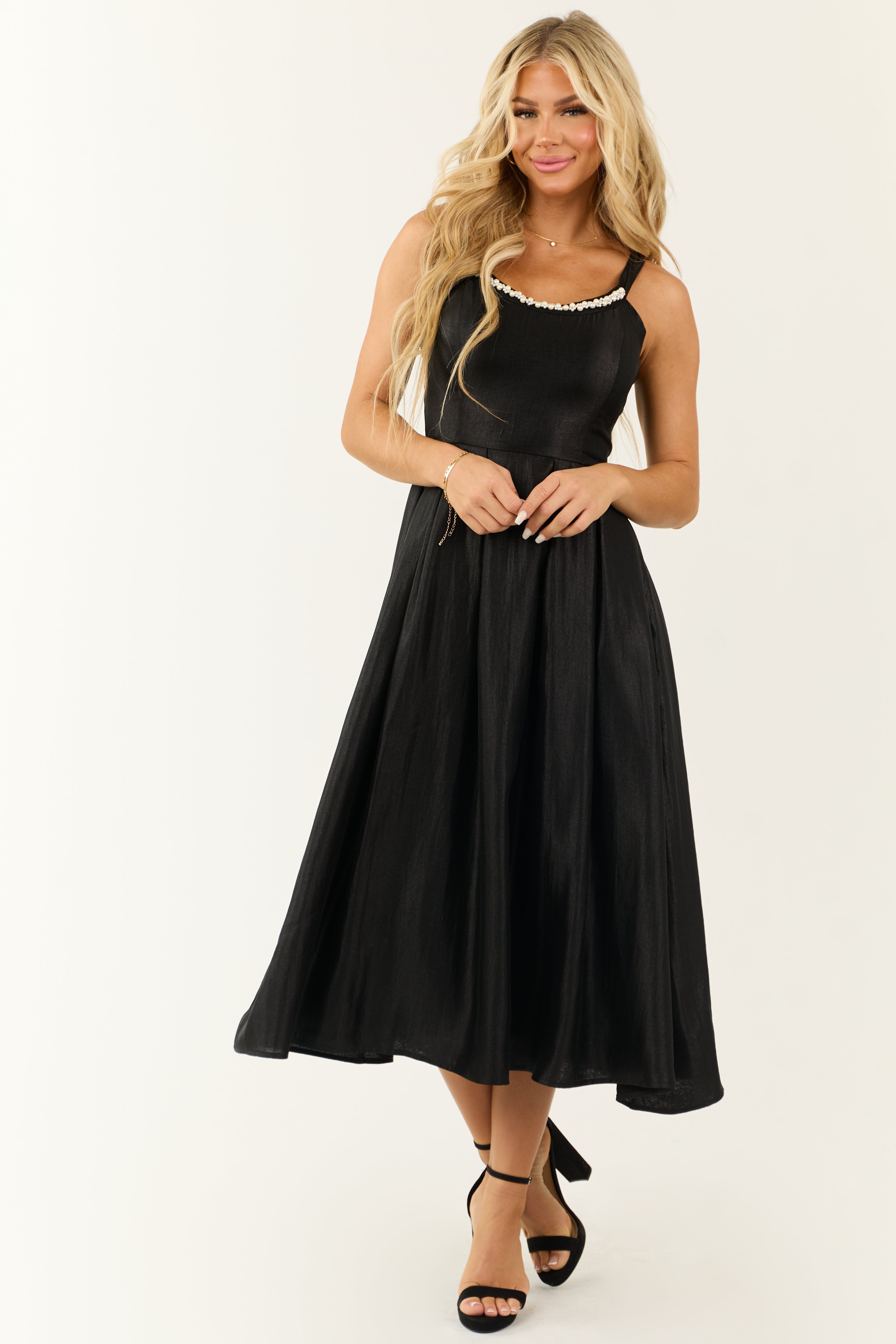 Flying Tomato Black Pearl Trim Satin Organza Midi Dress-Newayad
