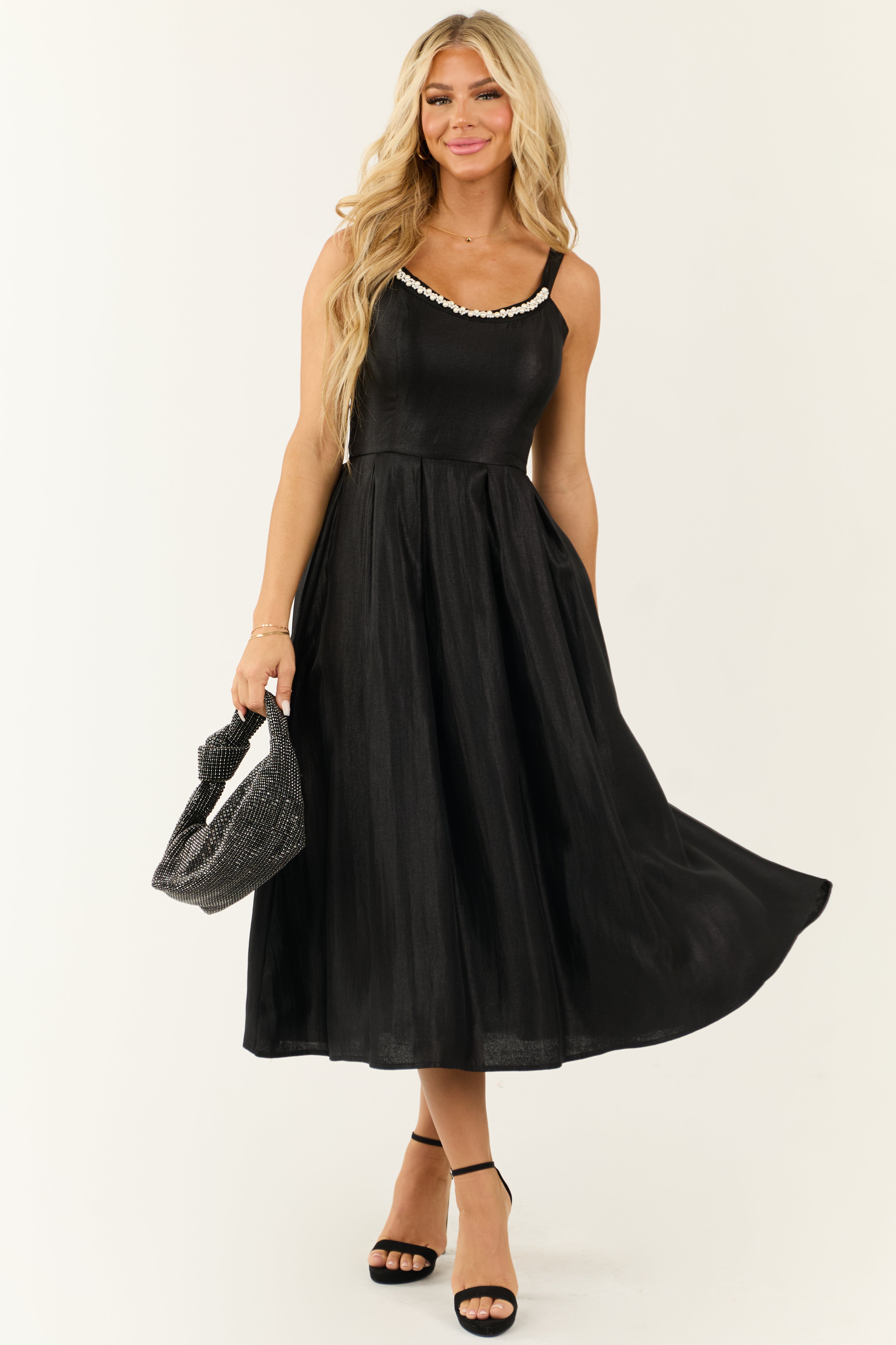 Flying Tomato Black Pearl Trim Satin Organza Midi Dress-Newayad