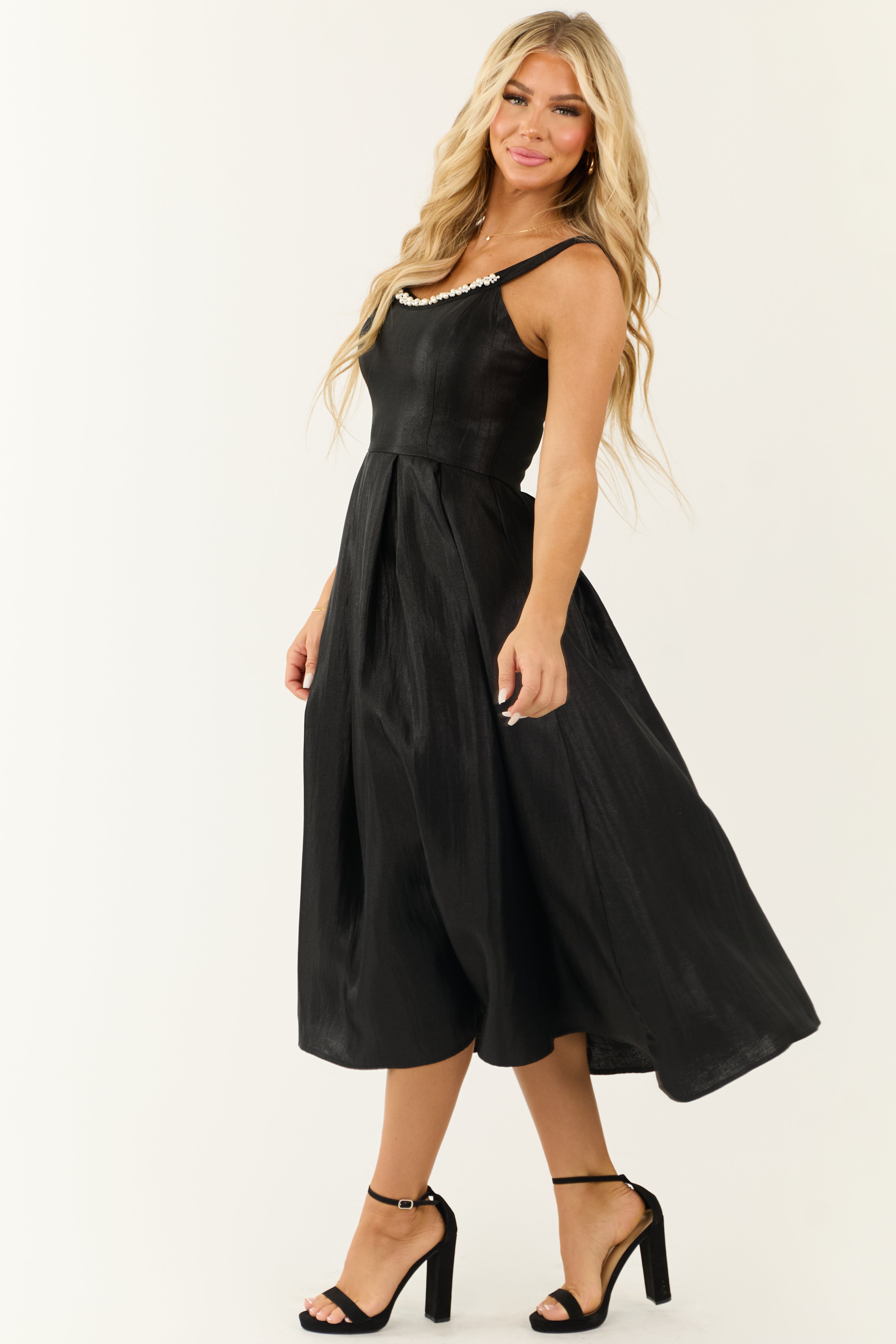 Flying Tomato Black Pearl Trim Satin Organza Midi Dress-Newayad