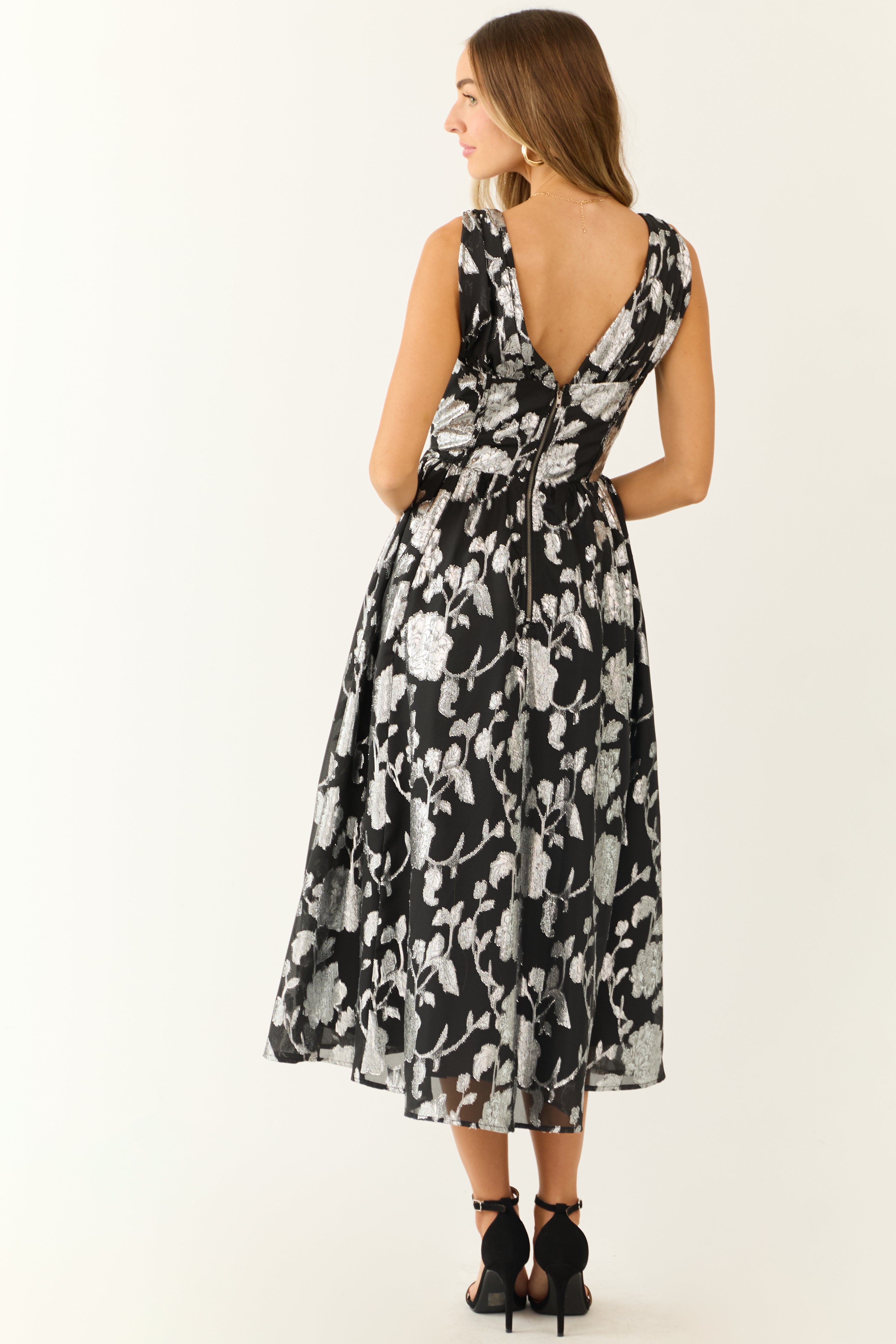 Flying Tomato Black and Silver Floral Midi Dress-Newayad