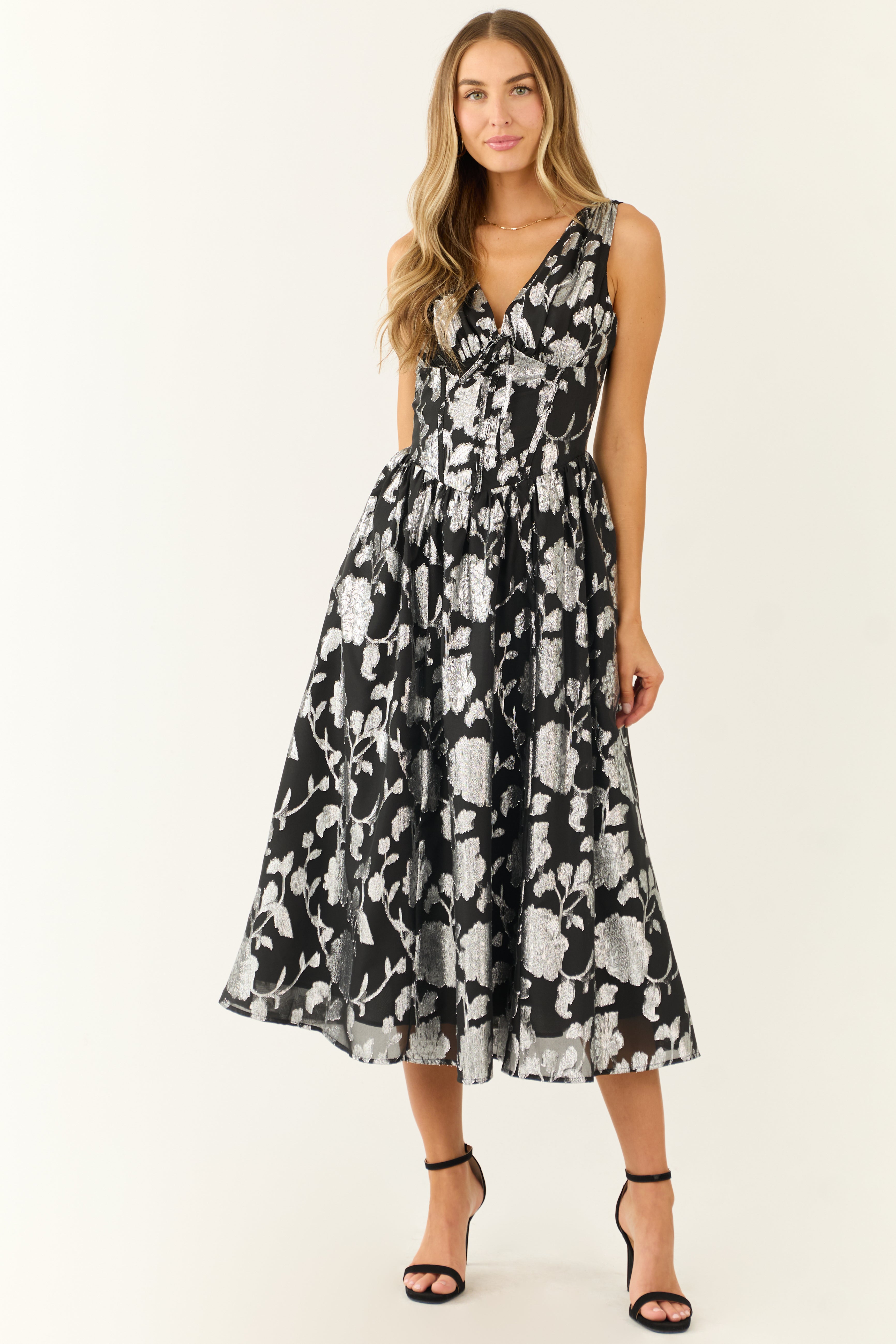 Flying Tomato Black and Silver Floral Midi Dress-Newayad