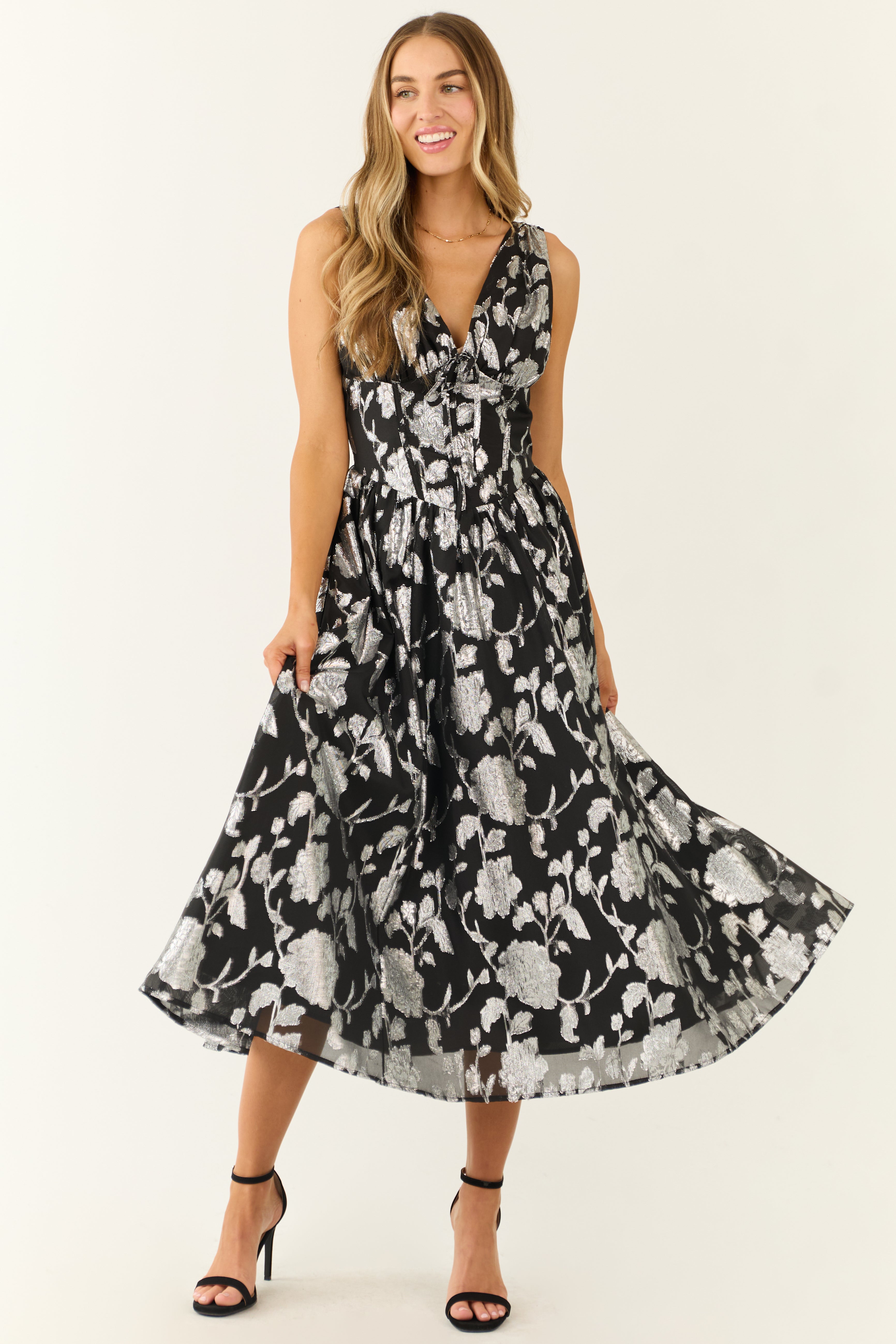 Flying Tomato Black and Silver Floral Midi Dress-Newayad