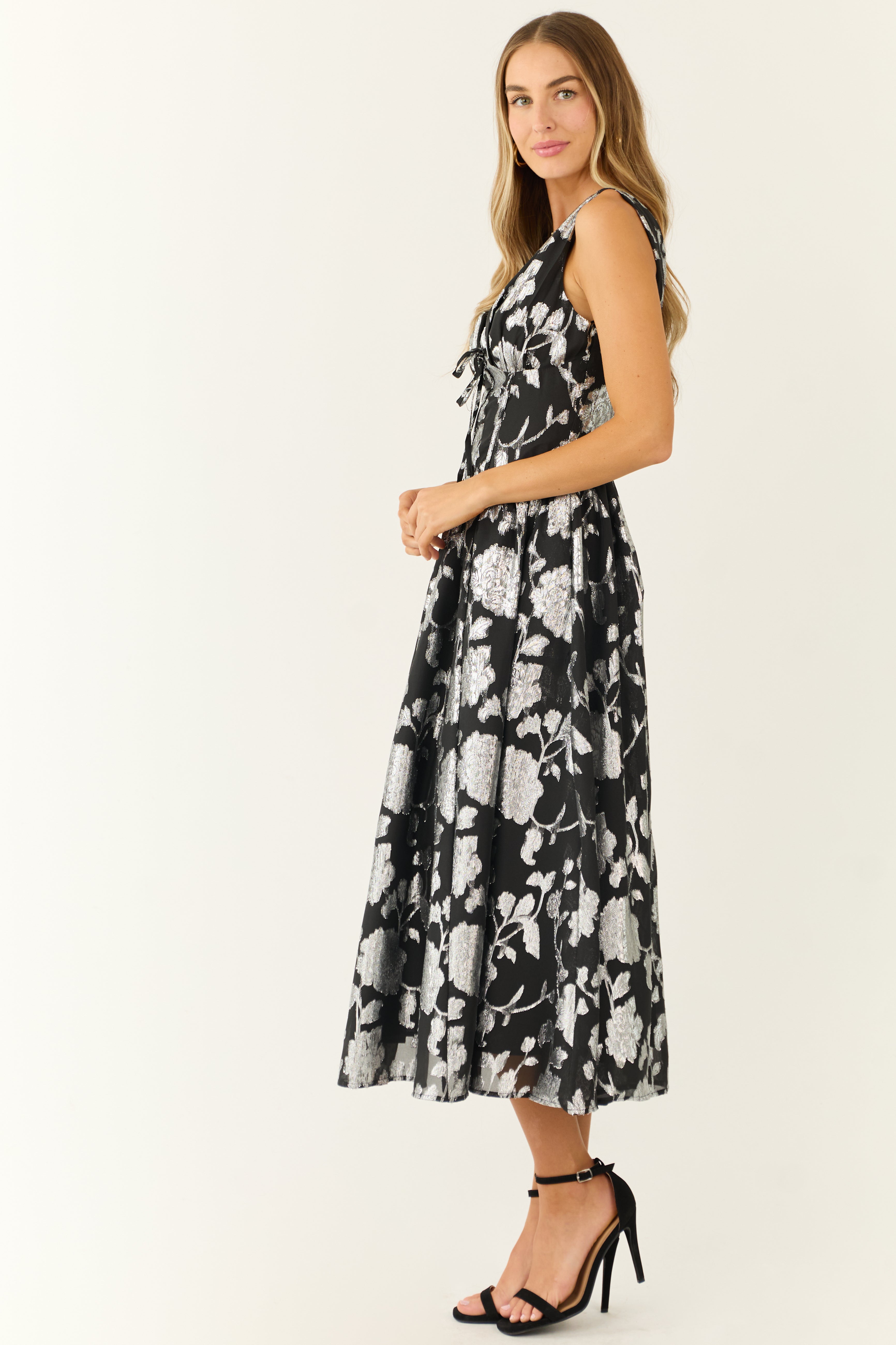 Flying Tomato Black and Silver Floral Midi Dress-Newayad