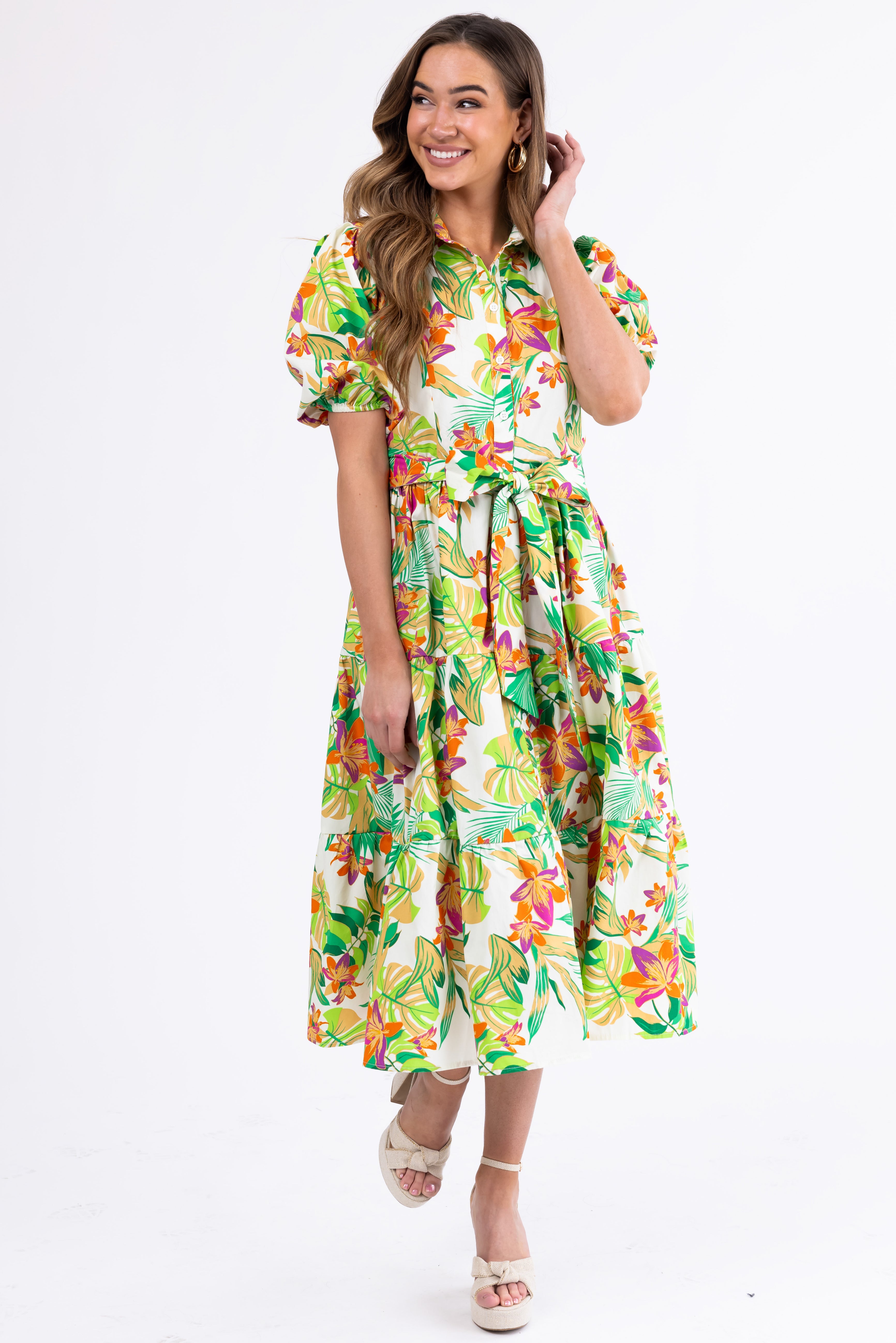 Flying Tomato Cream Floral Midi Dress-Newayad