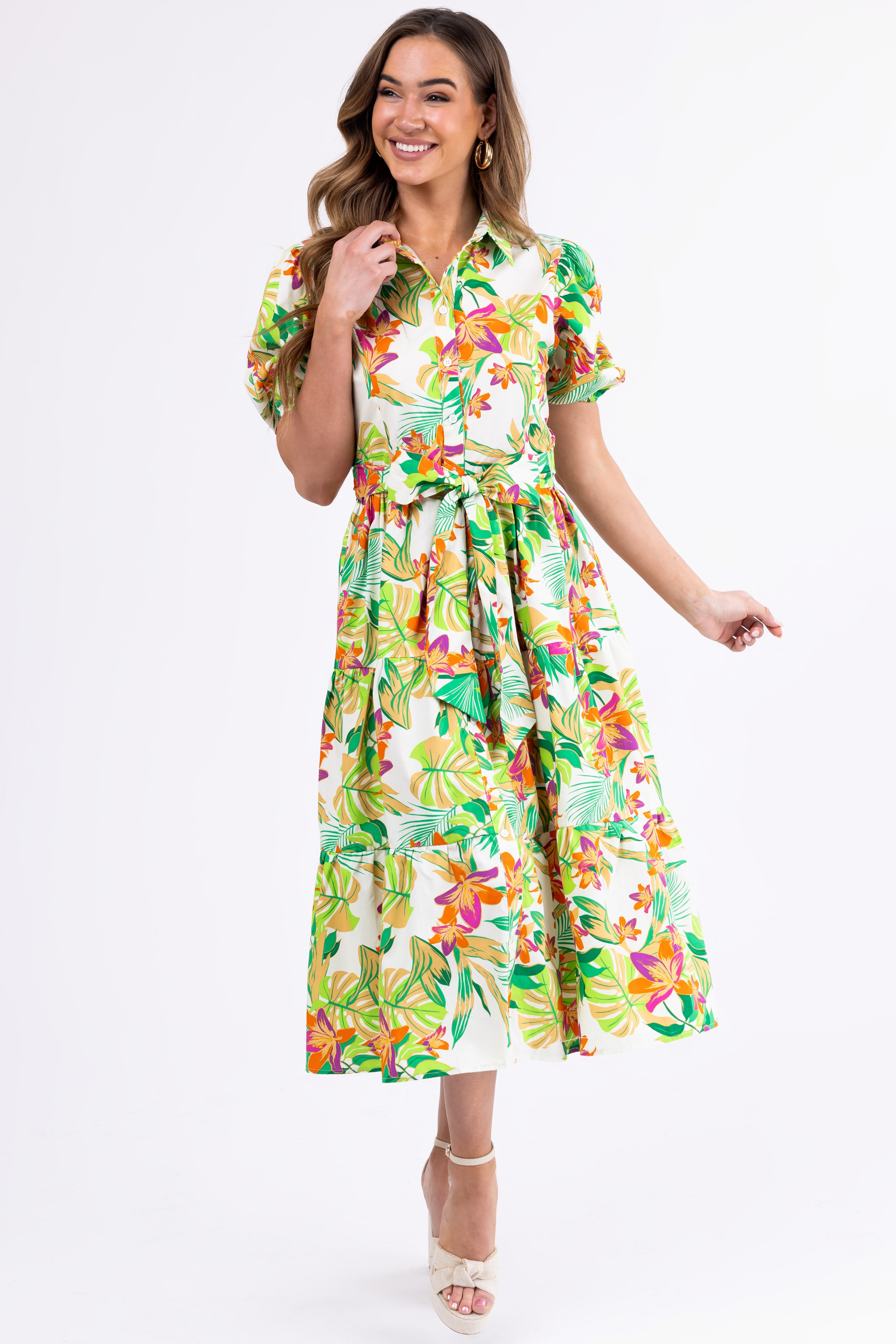 Flying Tomato Cream Floral Midi Dress-Newayad