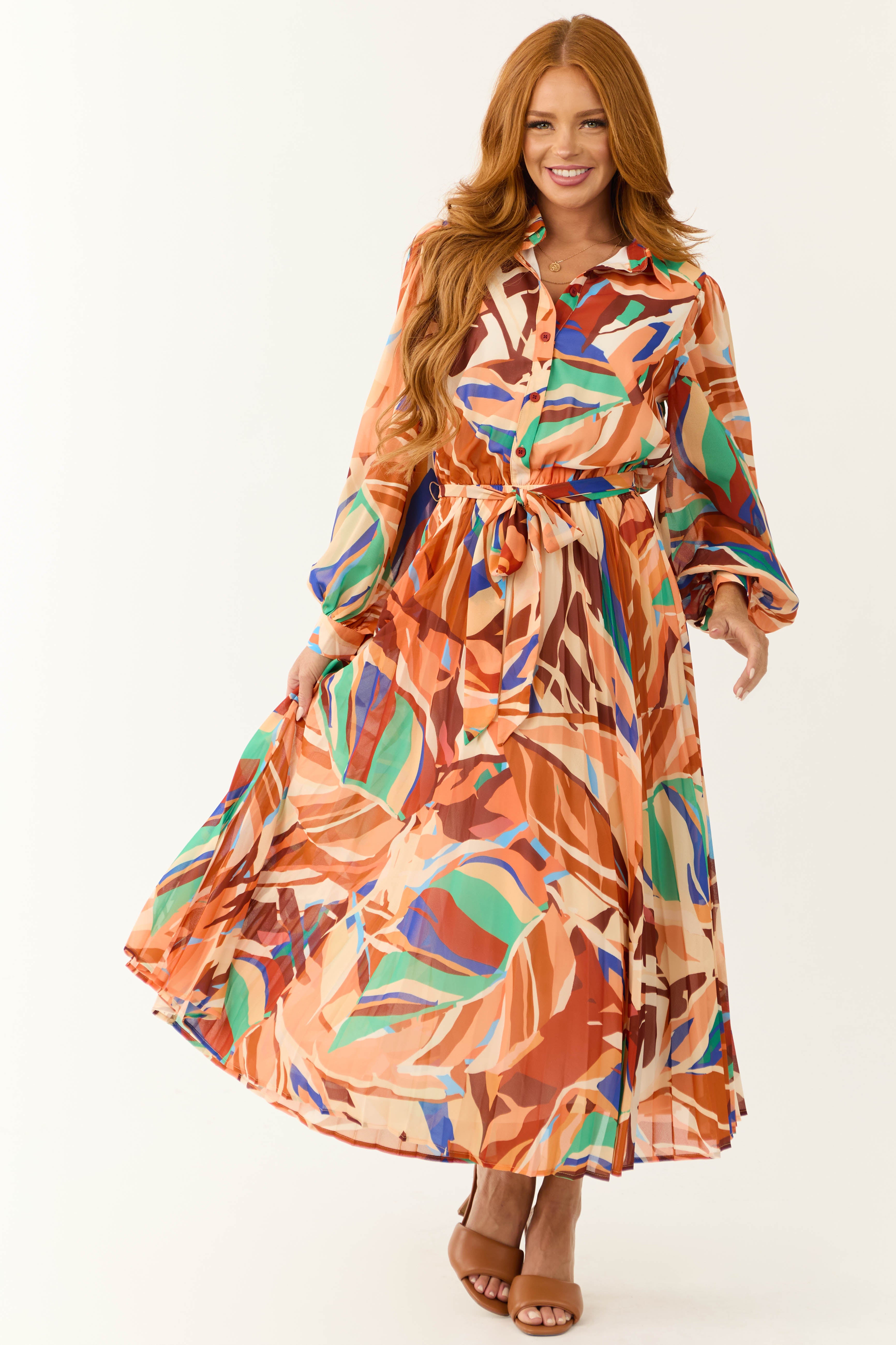 Flying Tomato Cream and Melon Abstract Print Midi Dress-Newayad