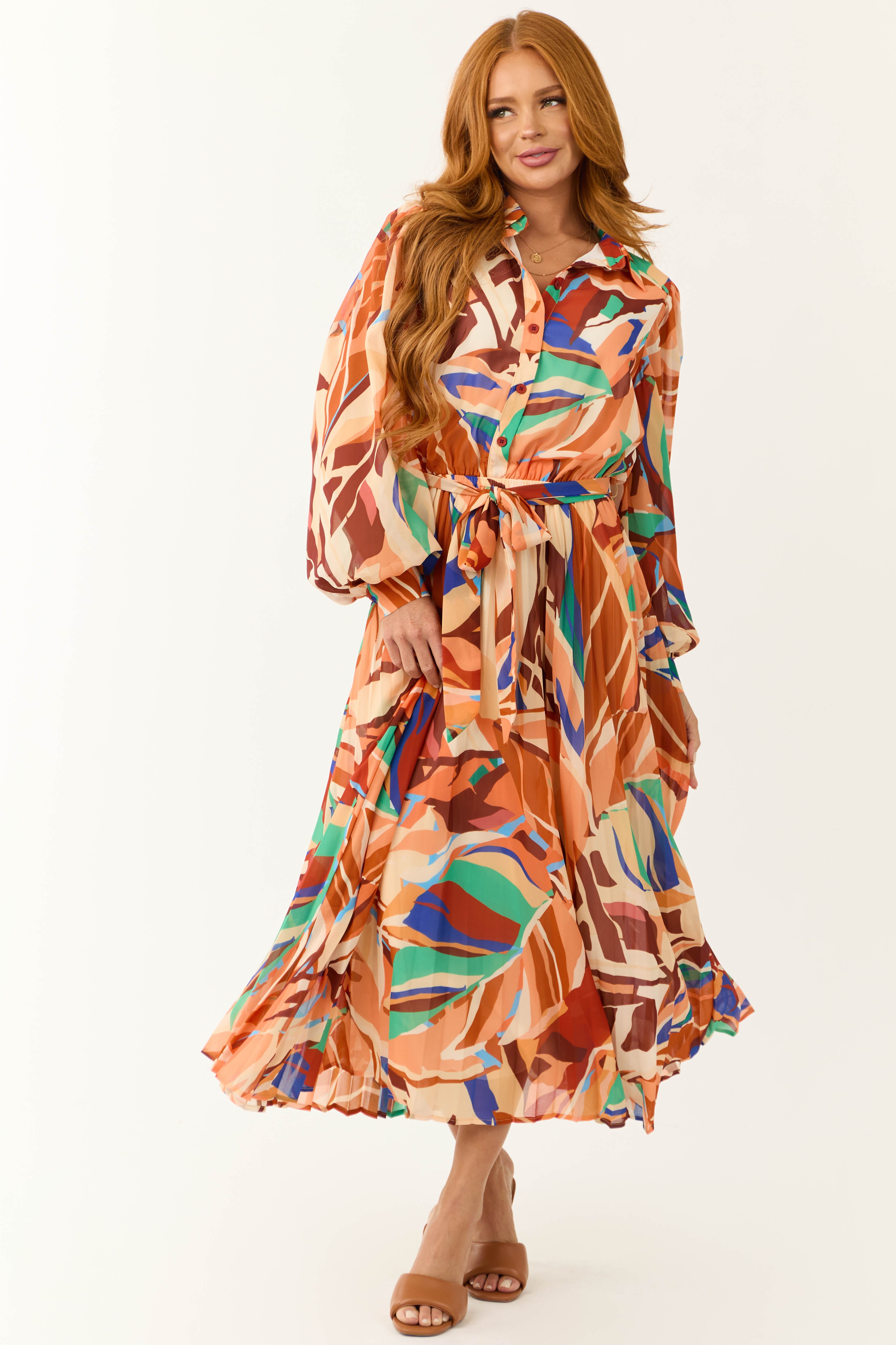 Flying Tomato Cream and Melon Abstract Print Midi Dress-Newayad