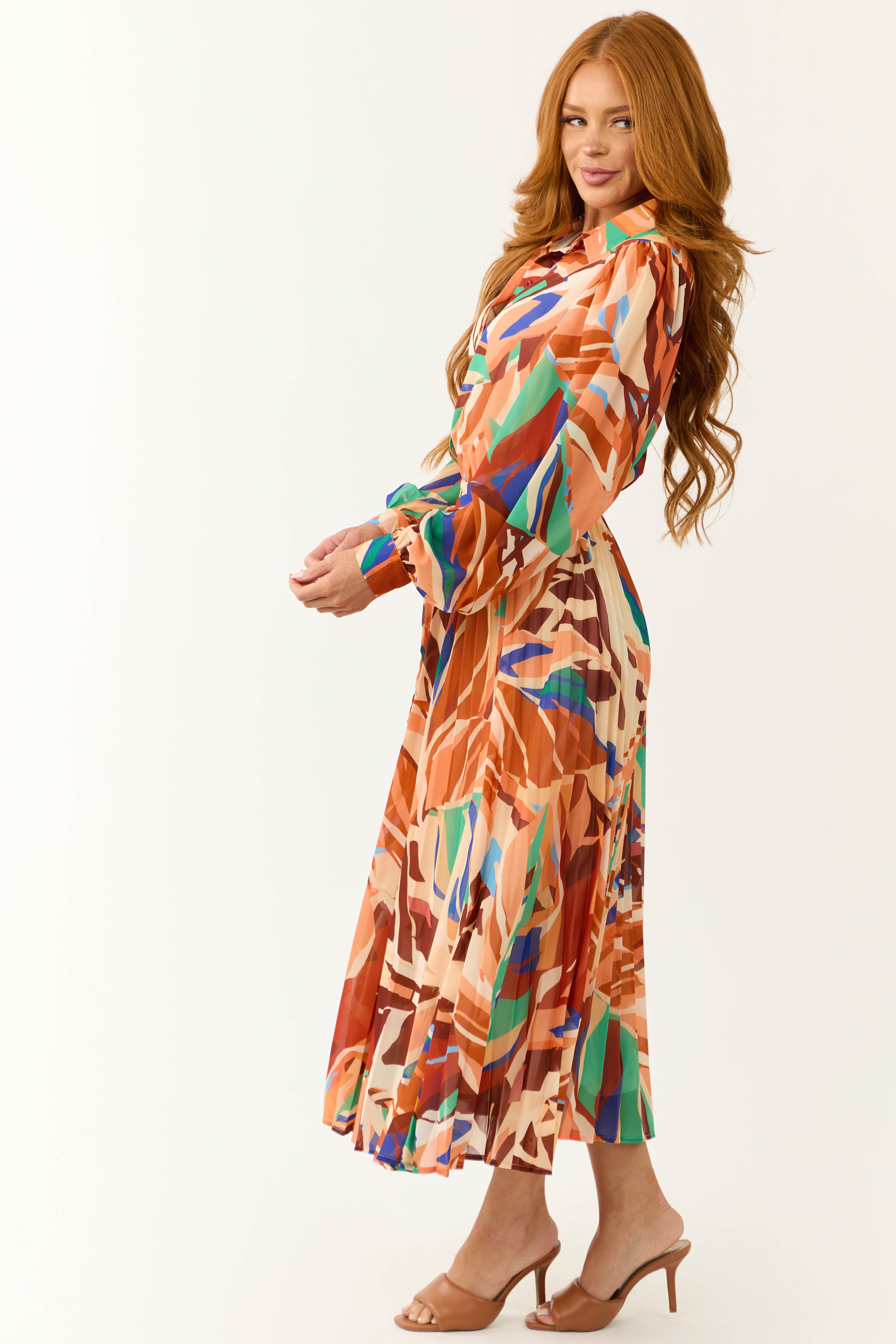 Flying Tomato Cream and Melon Abstract Print Midi Dress-Newayad