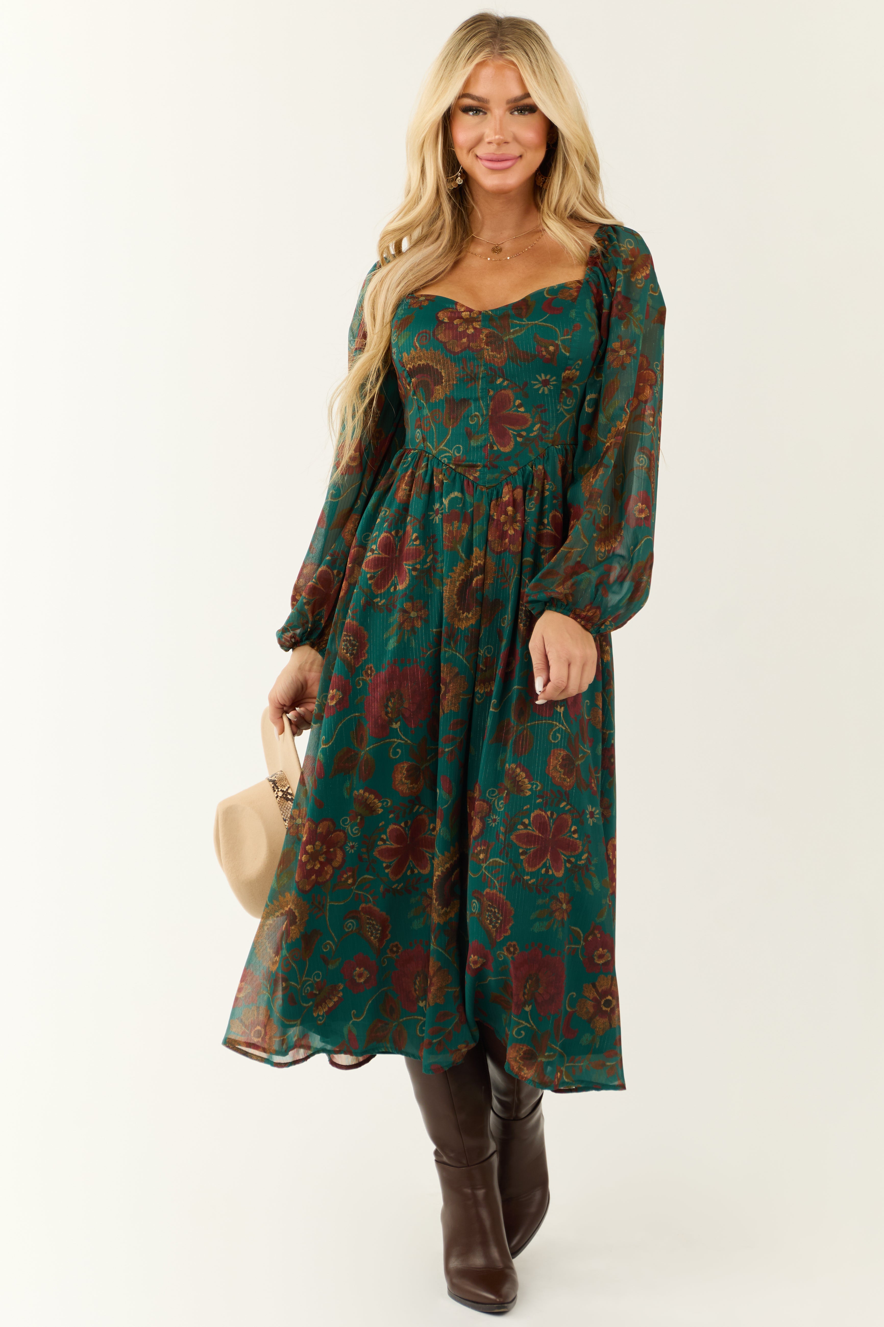 Flying Tomato Dark Juniper Floral Midi Dress-Newayad