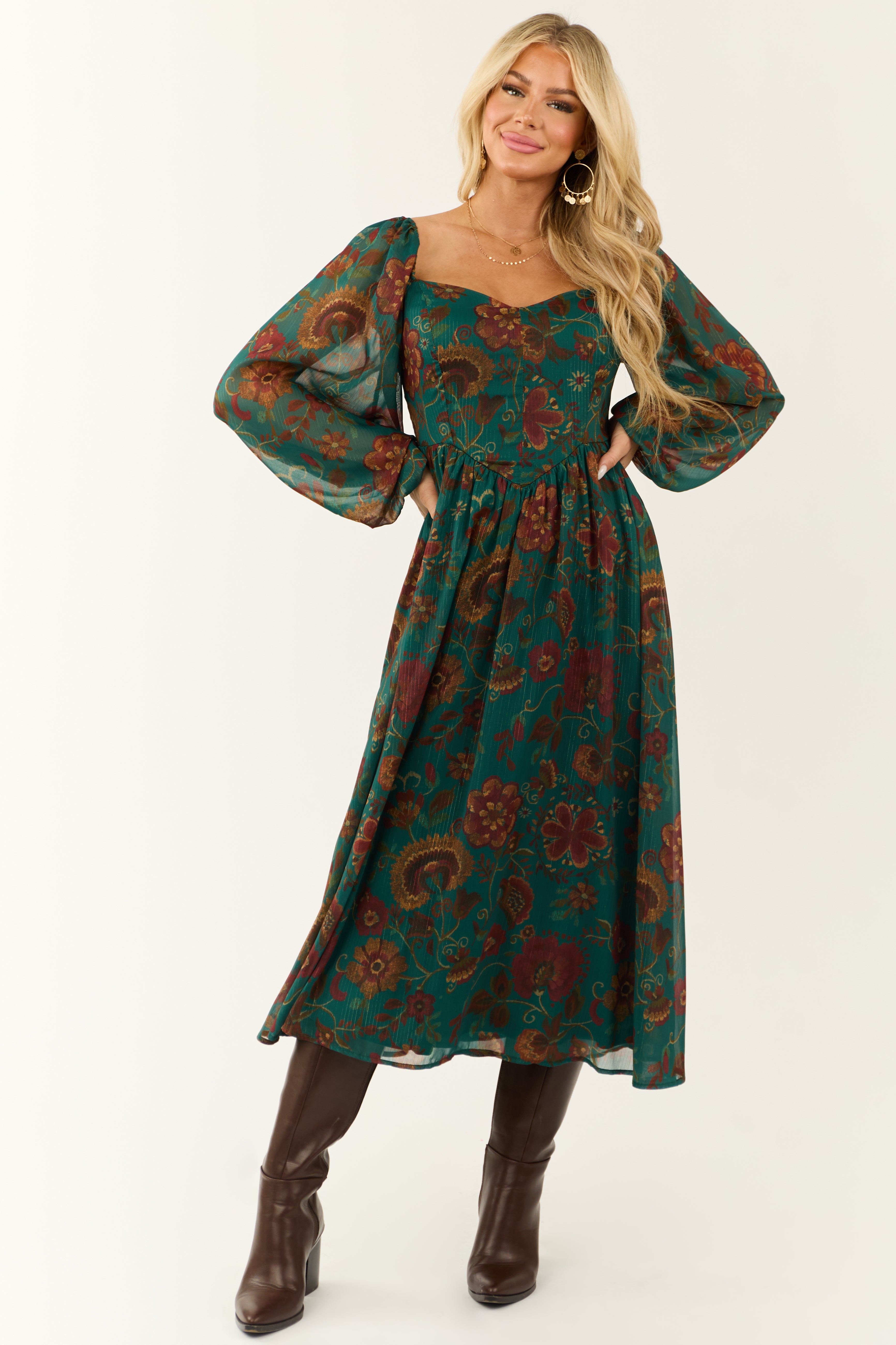 Flying Tomato Dark Juniper Floral Midi Dress-Newayad
