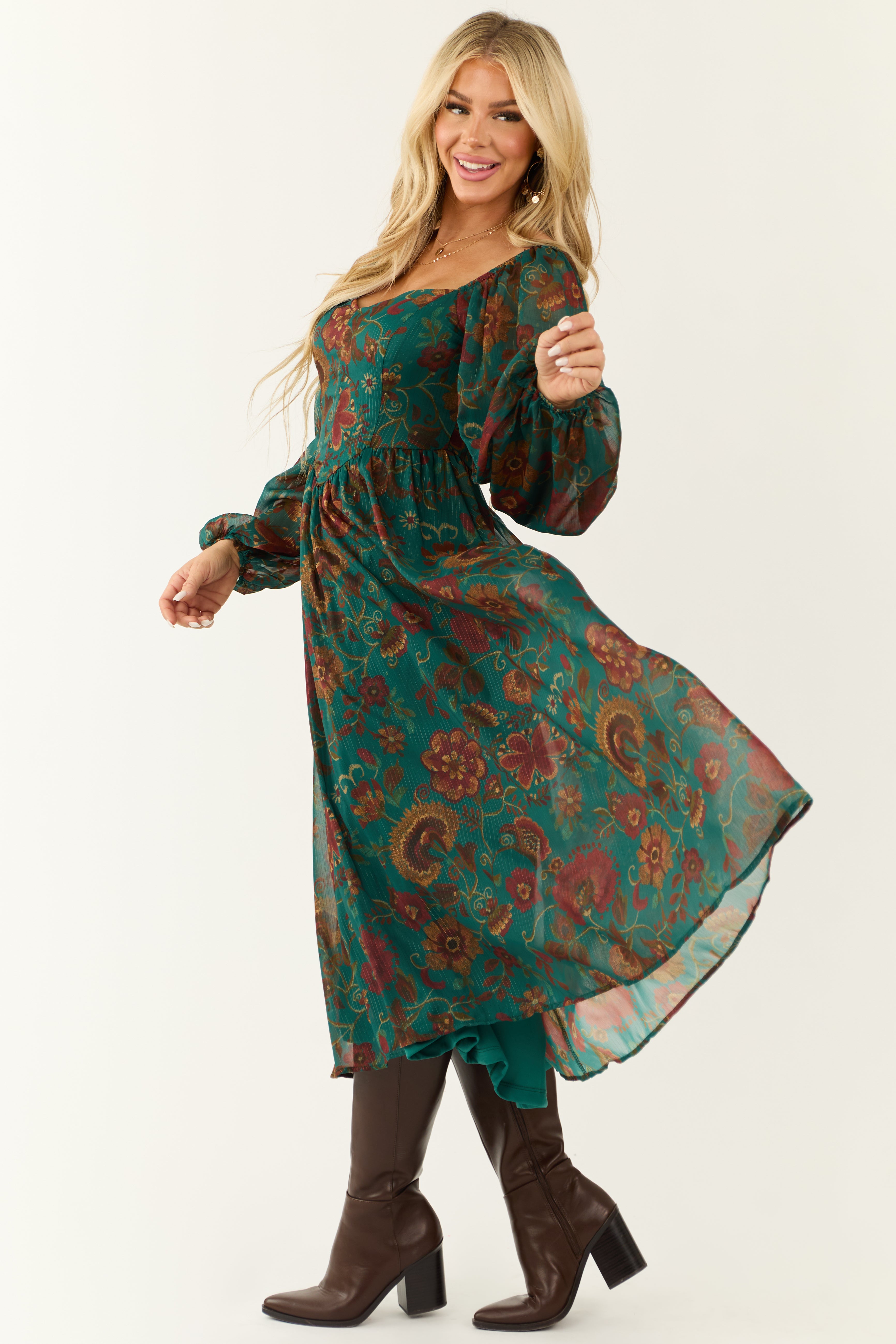 Flying Tomato Dark Juniper Floral Midi Dress-Newayad