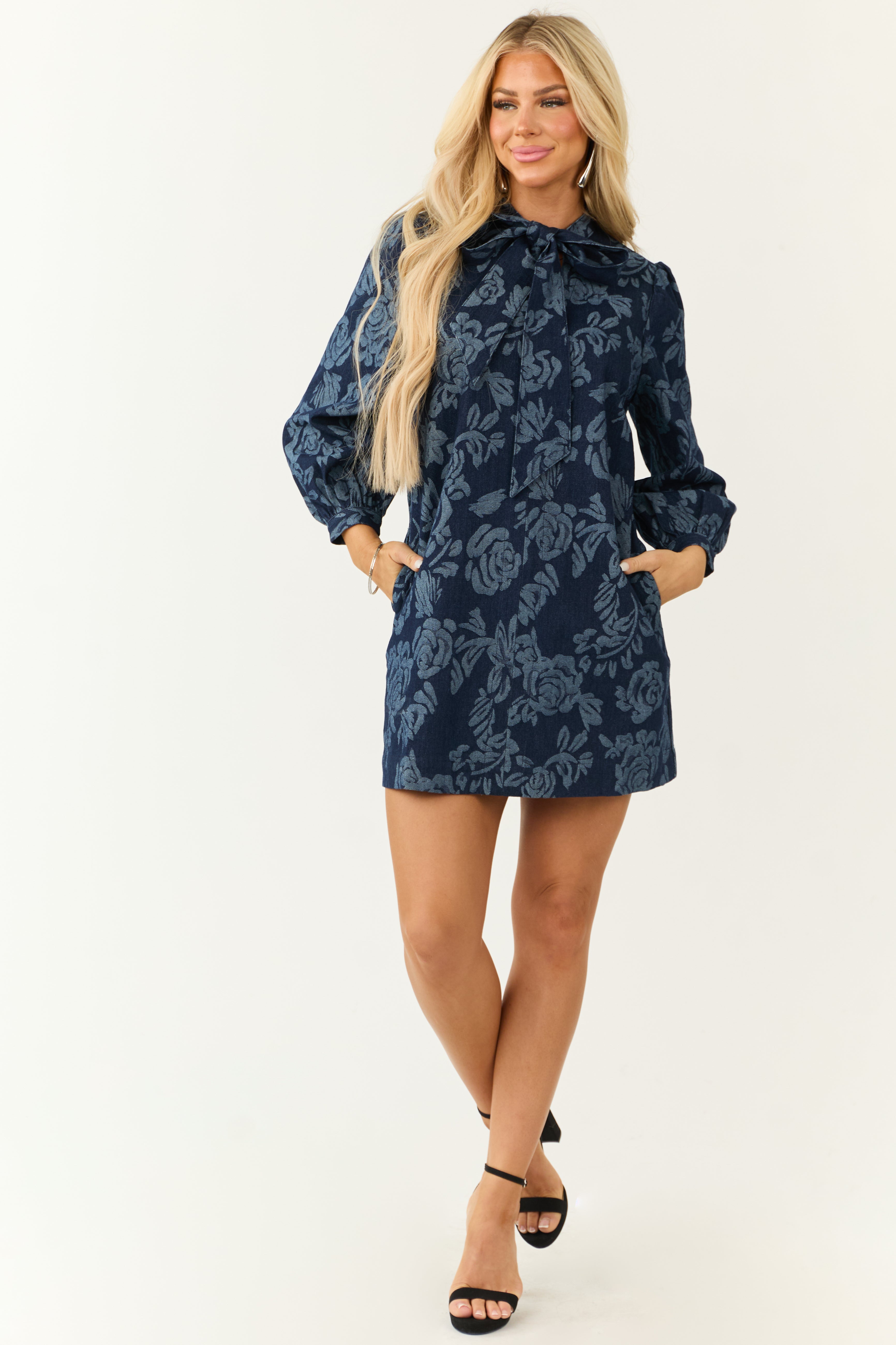 Flying Tomato Floral Dark Wash Denim Mini Dress-Newayad