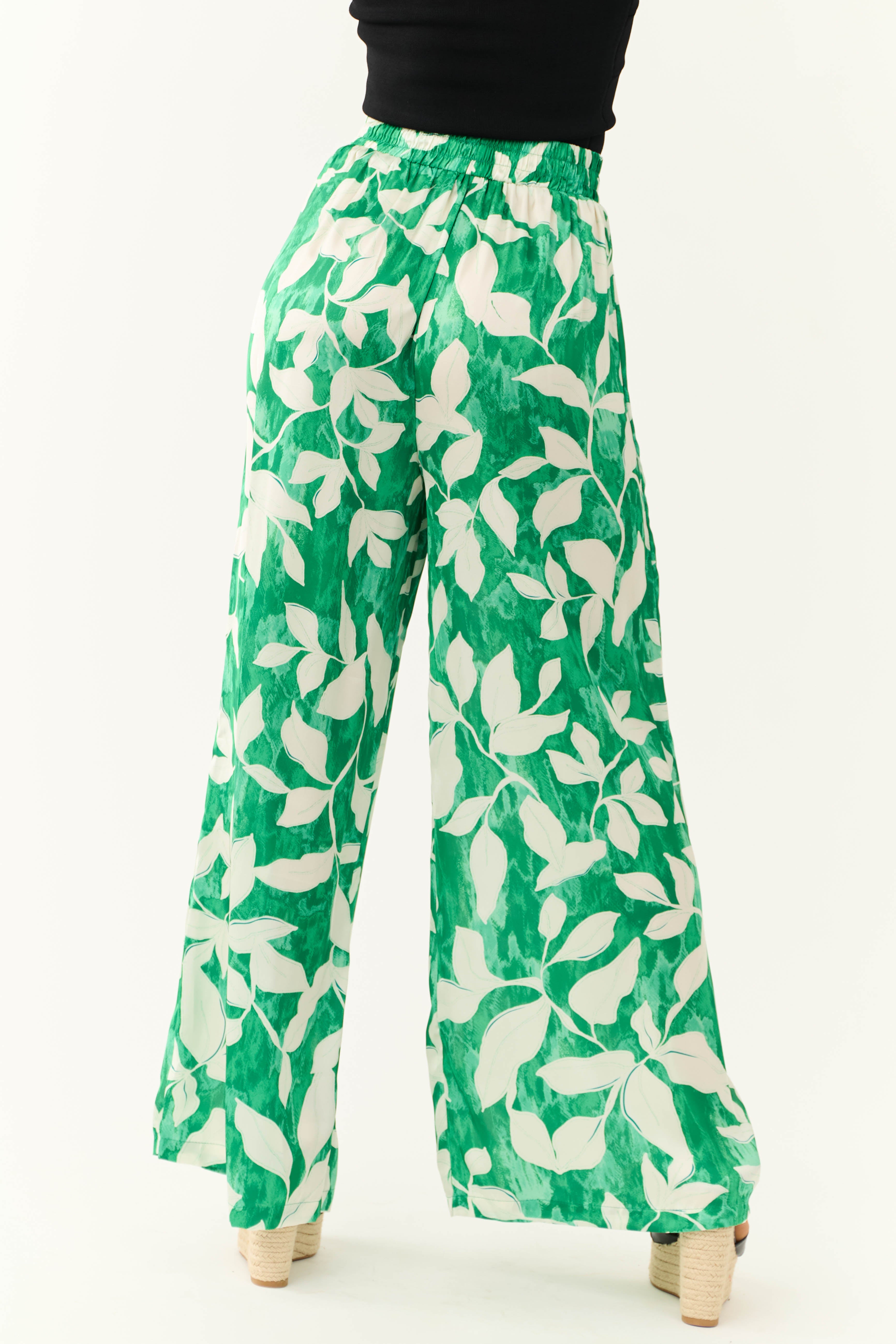 Flying Tomato Jade Leaf Print Satin Pants-Newayad