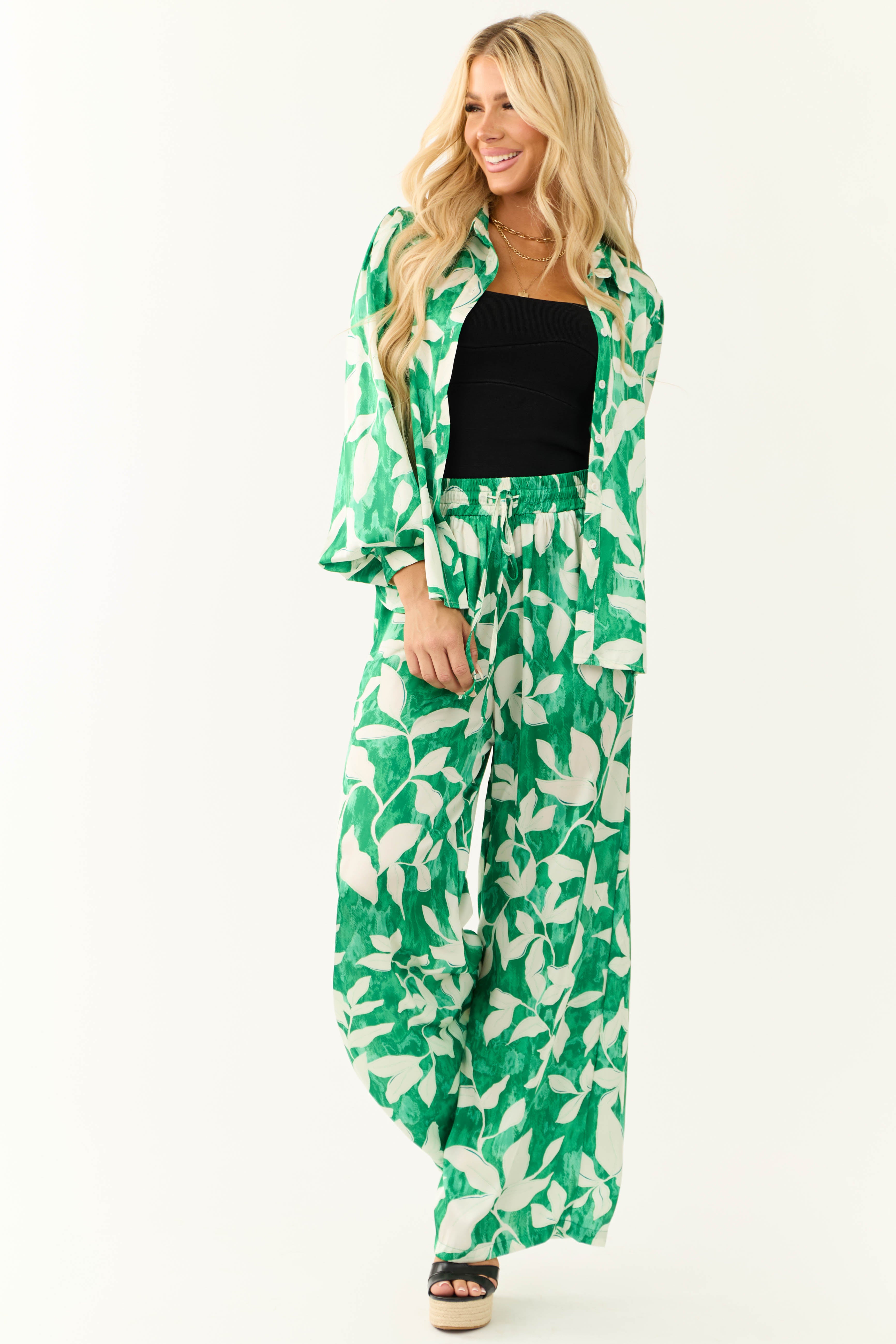 Flying Tomato Jade Leaf Print Satin Pants-Newayad