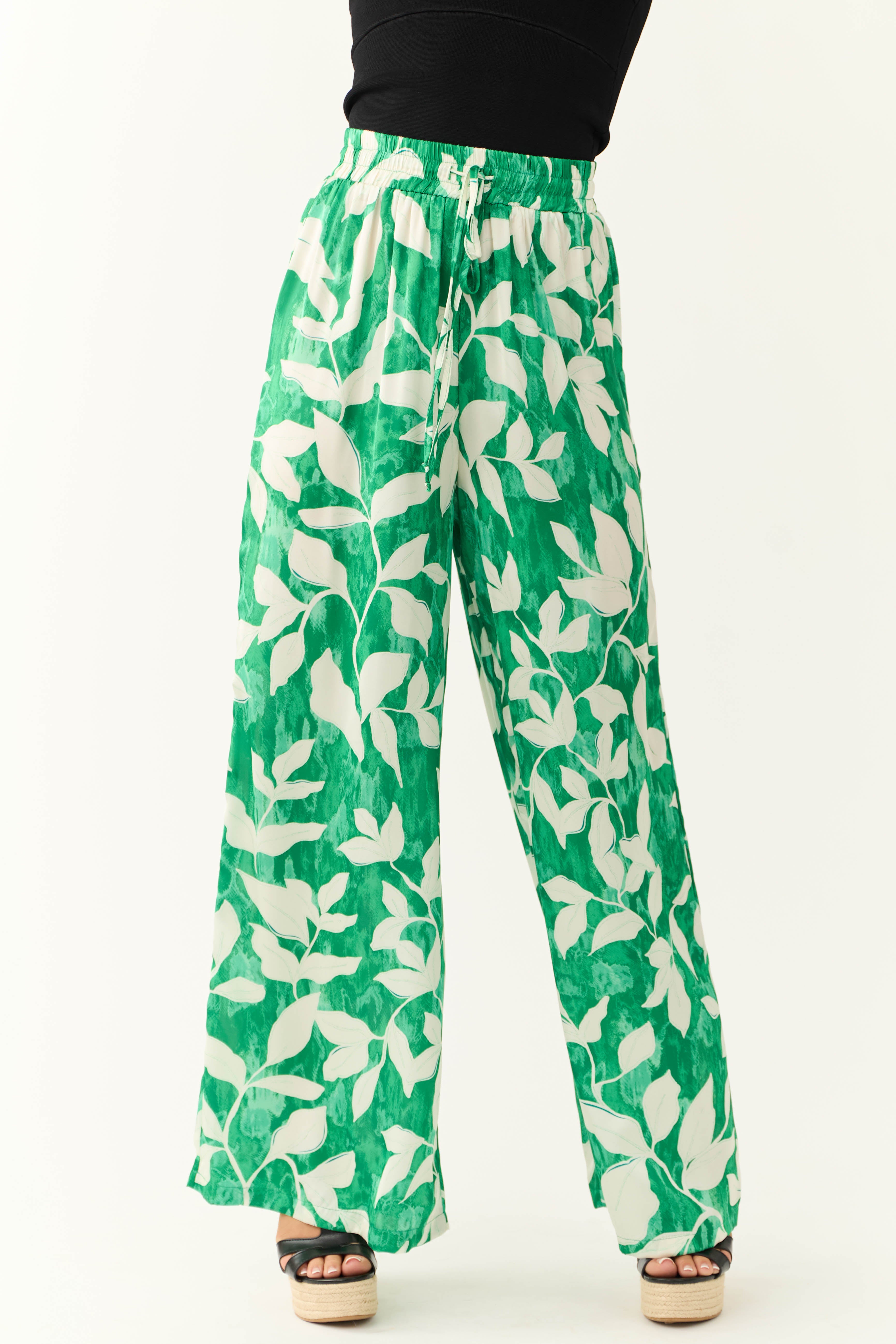Flying Tomato Jade Leaf Print Satin Pants-Newayad