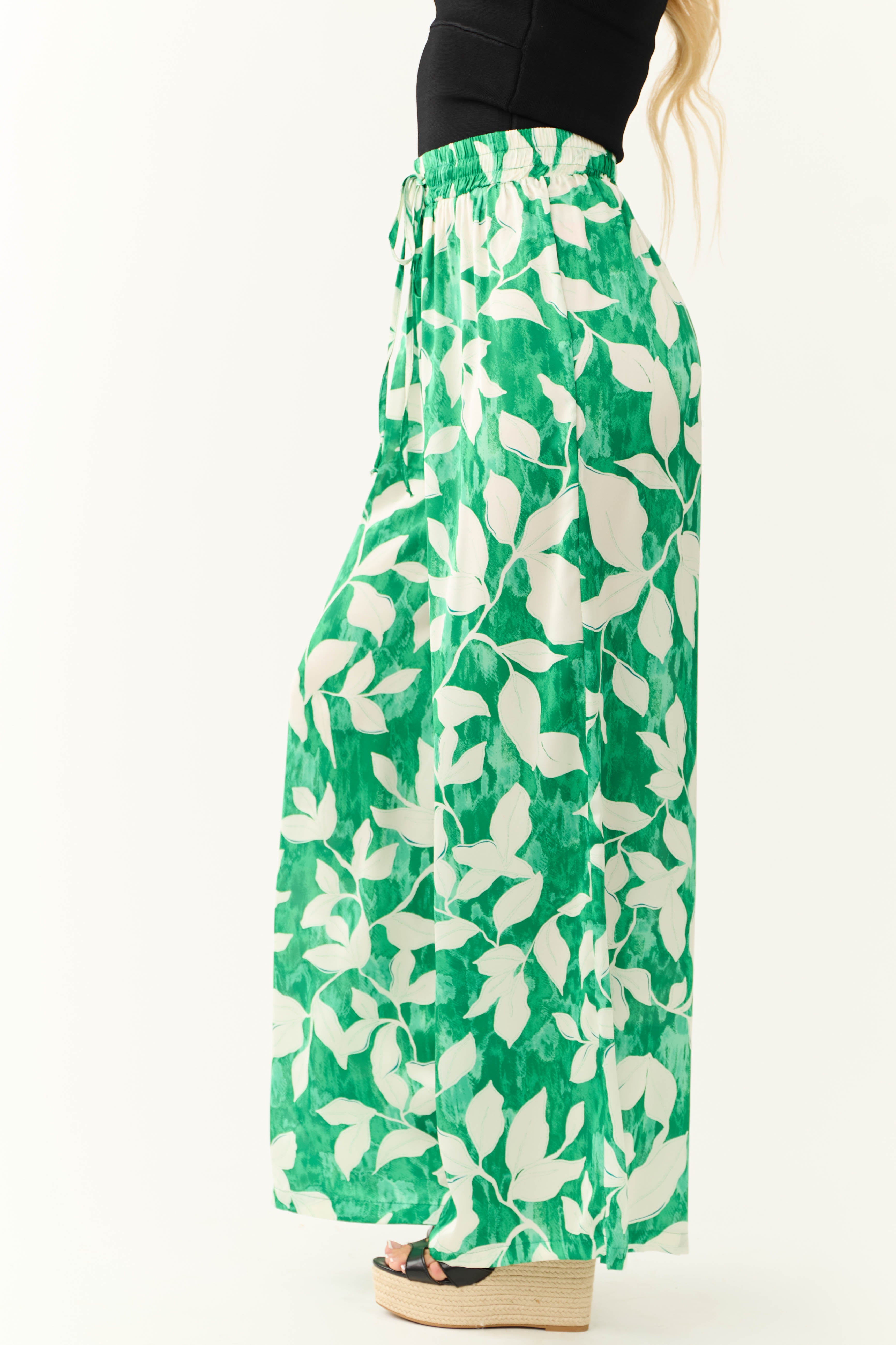 Flying Tomato Jade Leaf Print Satin Pants-Newayad