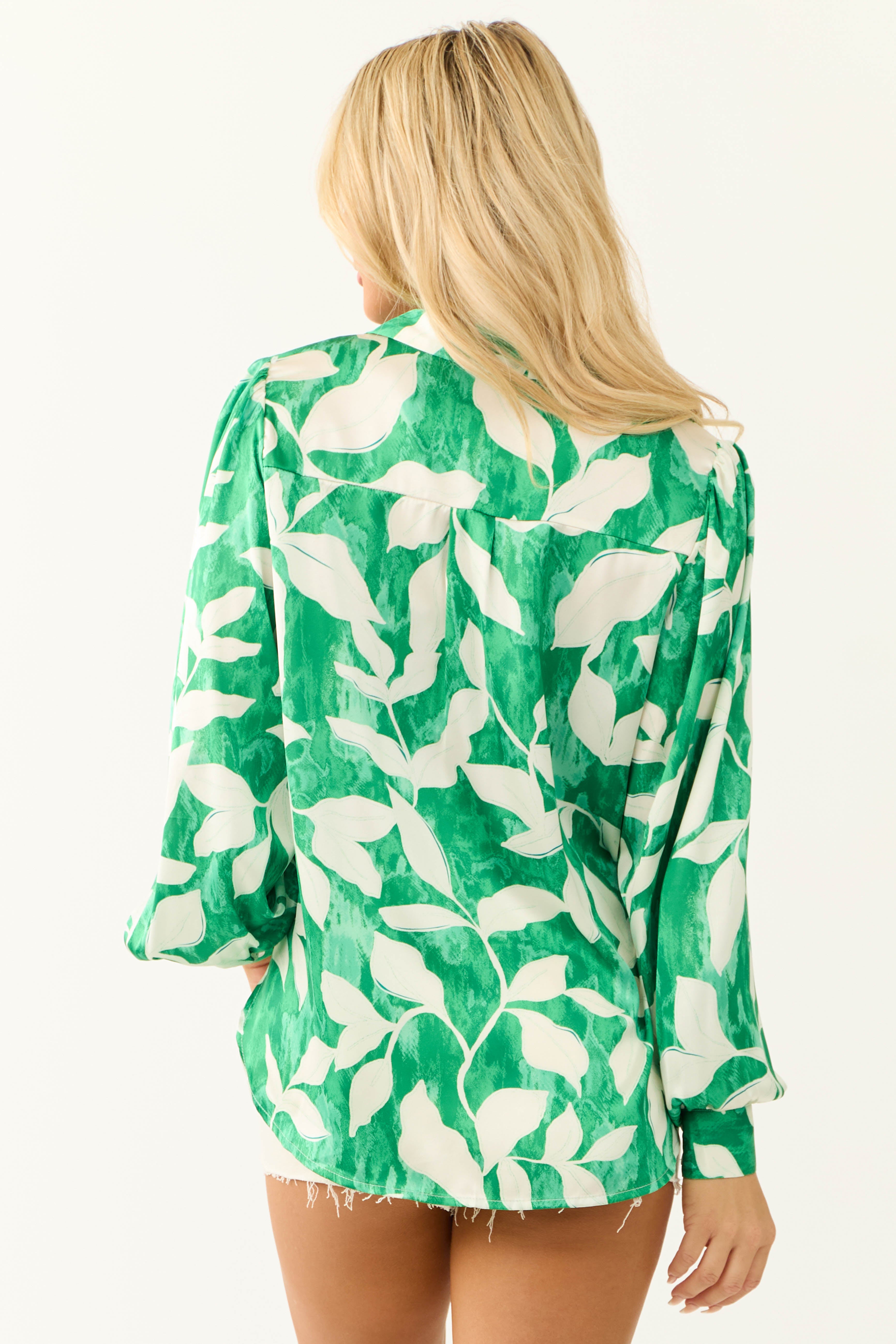 Flying Tomato Jade Leaf Print Satin Shirt-Newayad