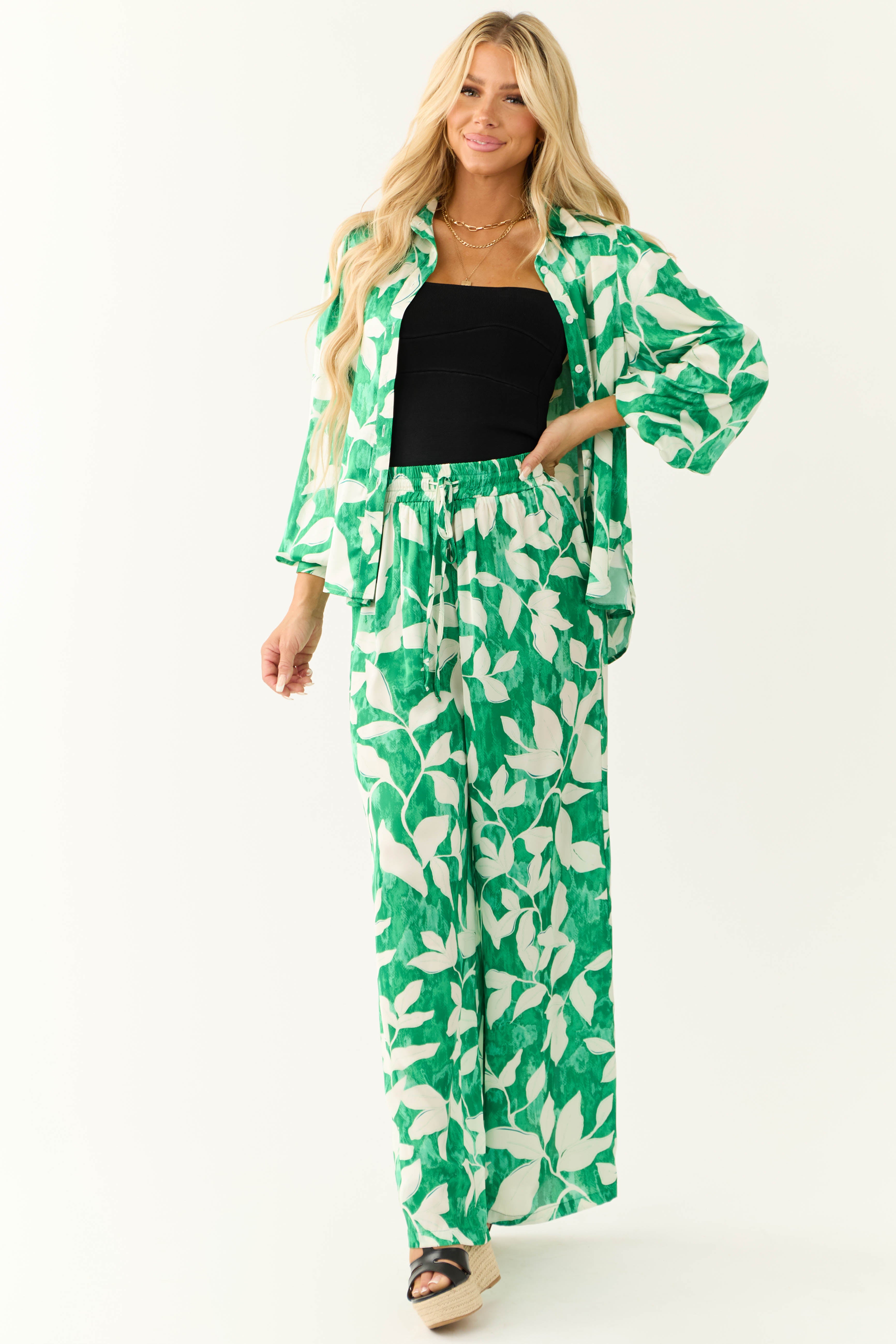 Flying Tomato Jade Leaf Print Satin Shirt-Newayad