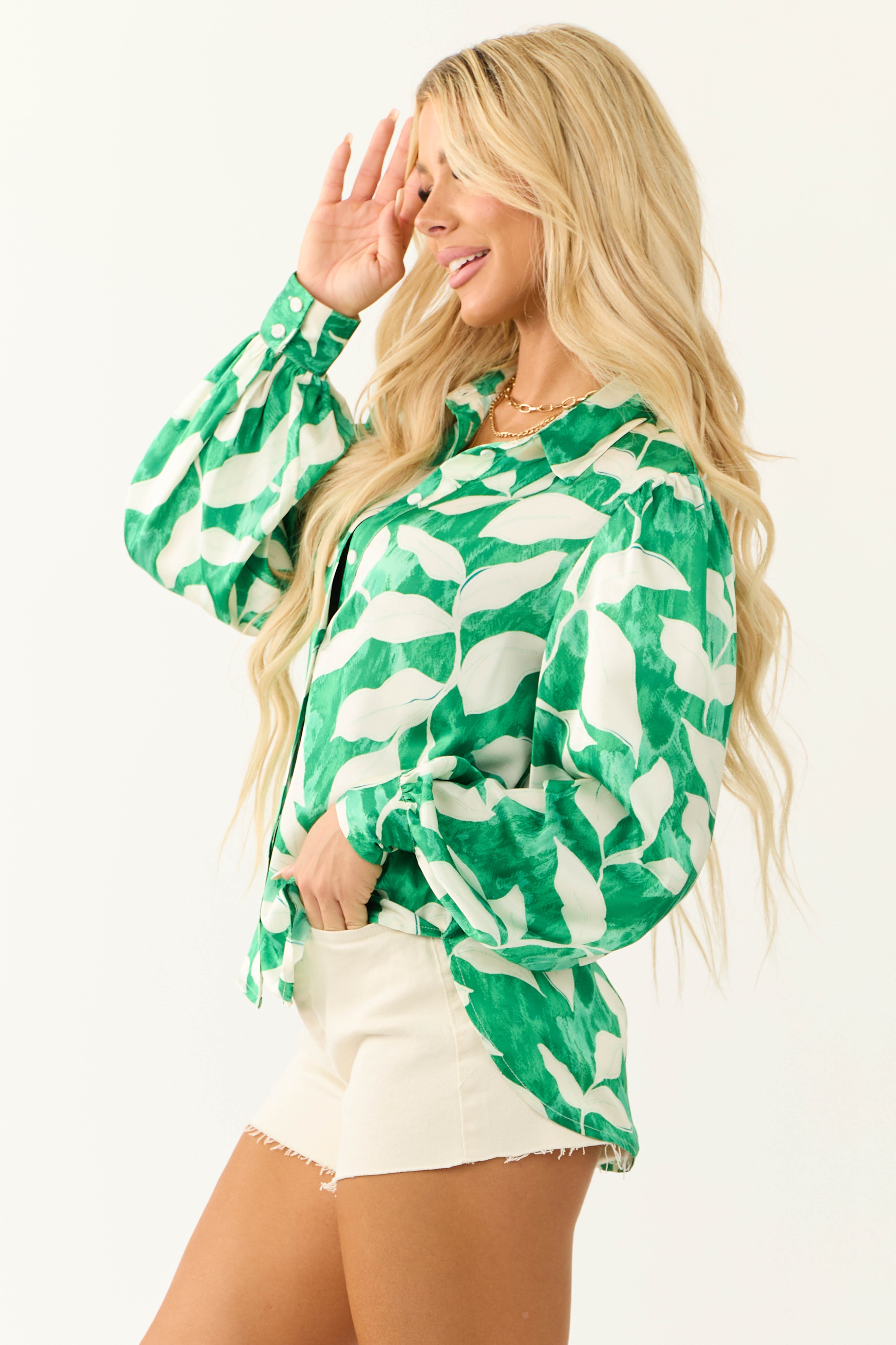 Flying Tomato Jade Leaf Print Satin Shirt-Newayad