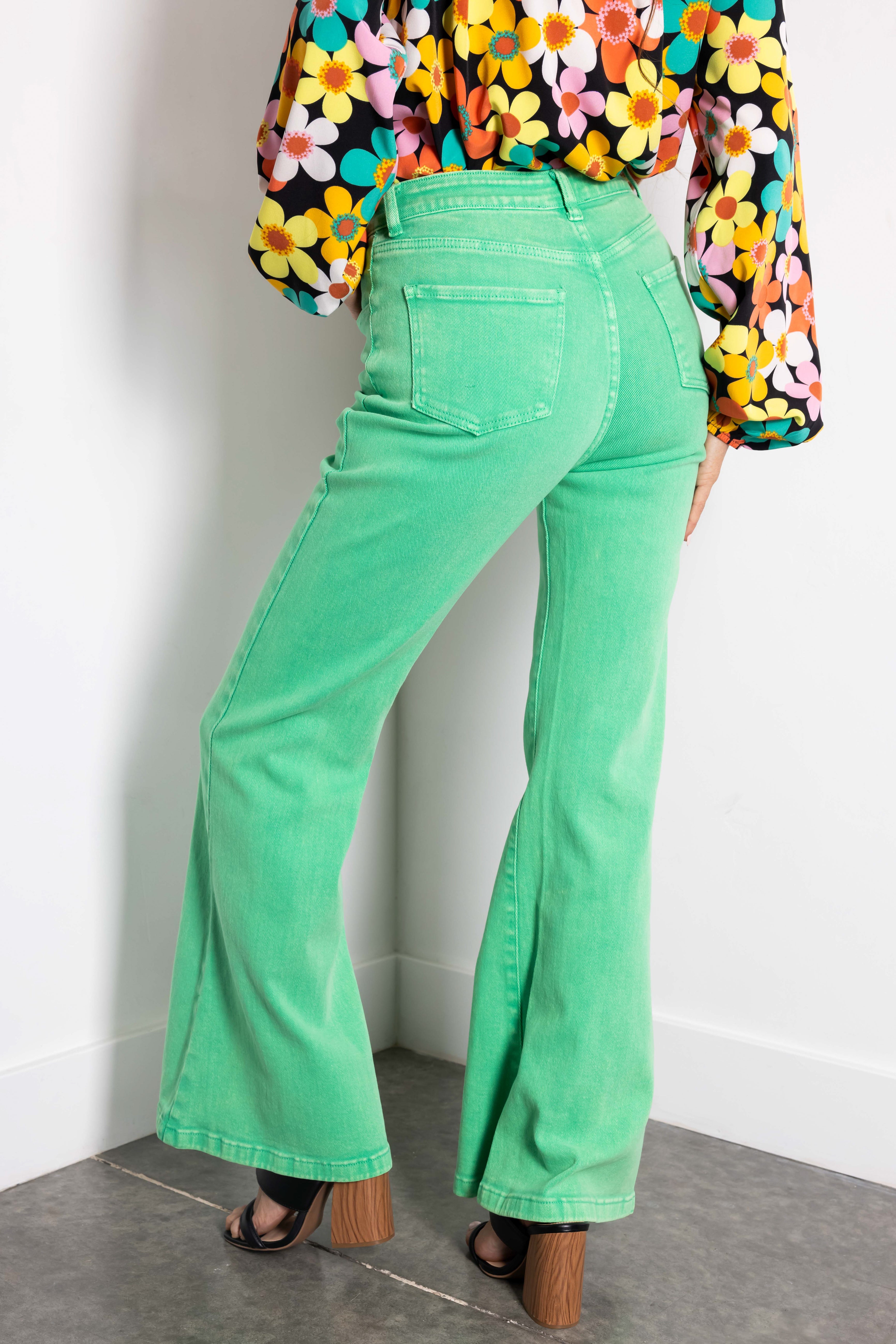 Flying Tomato Kelly Green Washed Flare Jeans-Newayad