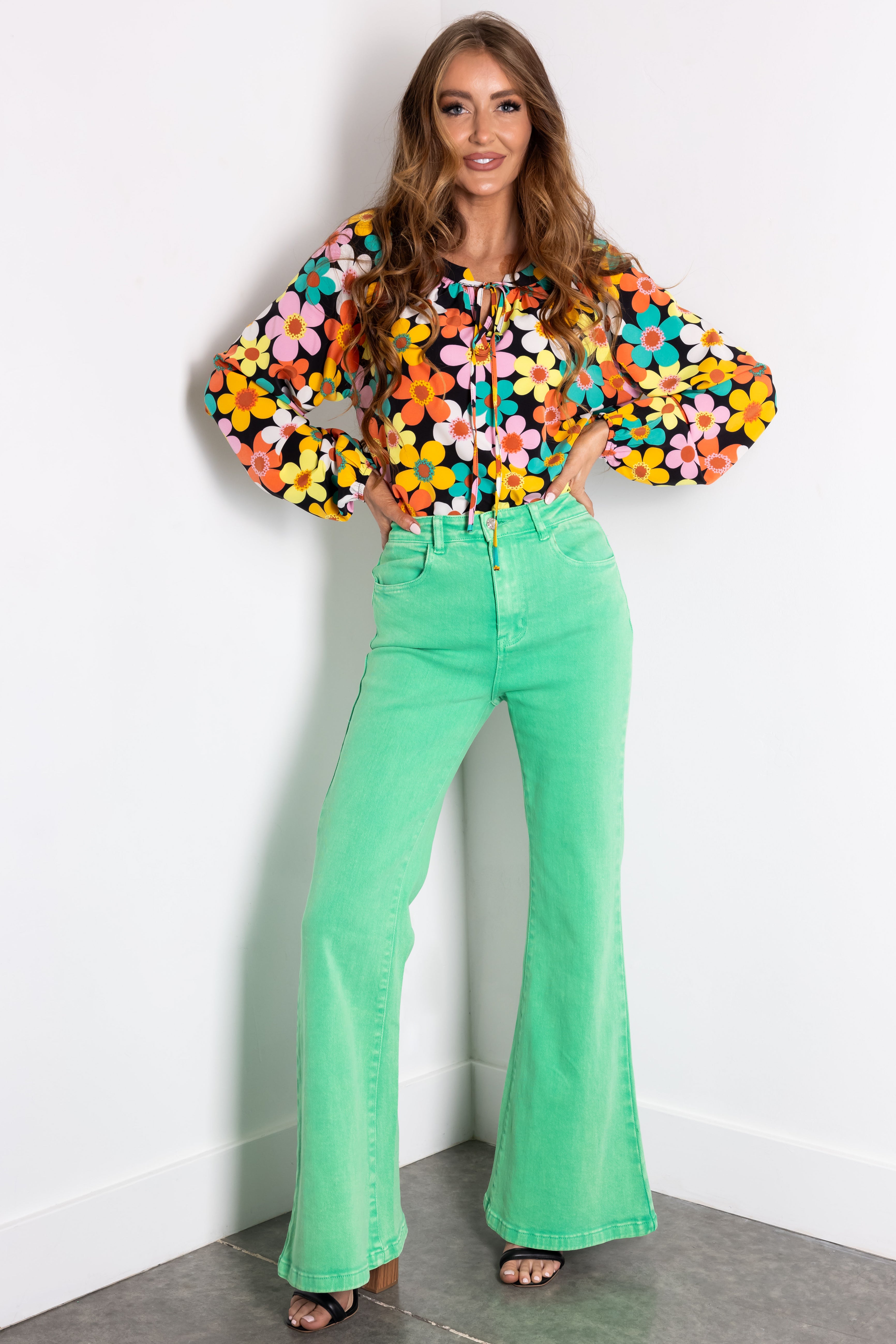 Flying Tomato Kelly Green Washed Flare Jeans-Newayad