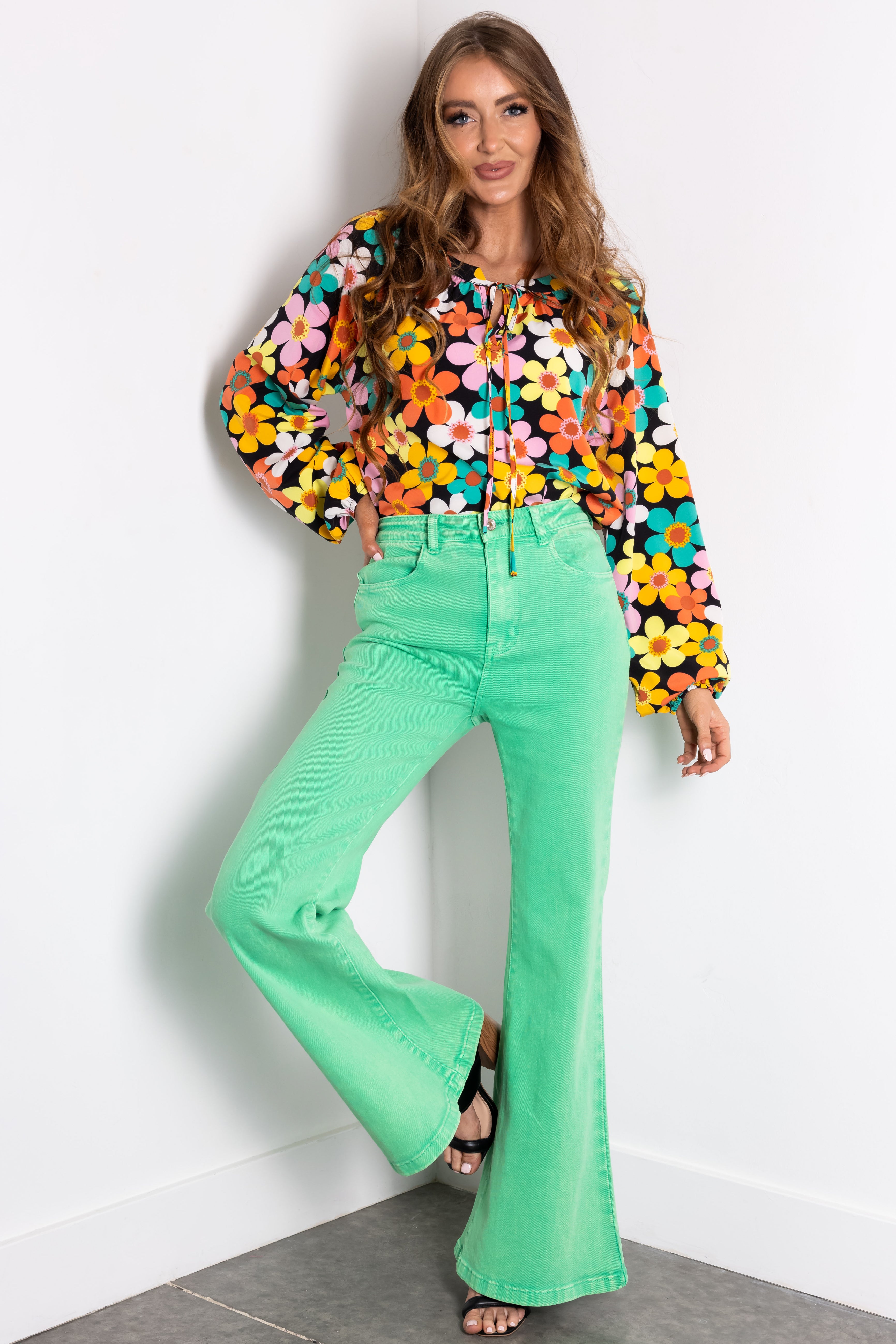 Flying Tomato Kelly Green Washed Flare Jeans-Newayad