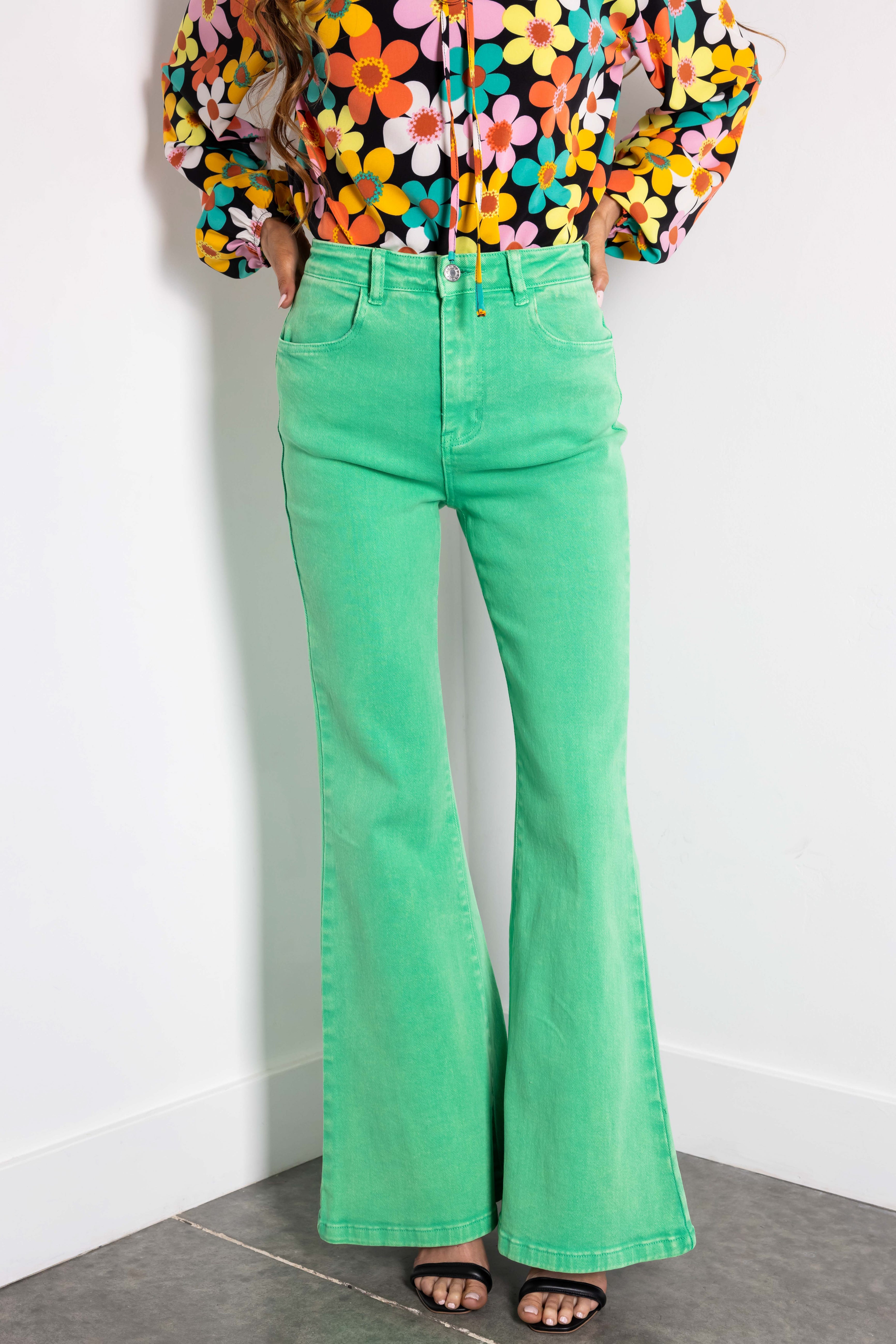 Flying Tomato Kelly Green Washed Flare Jeans-Newayad