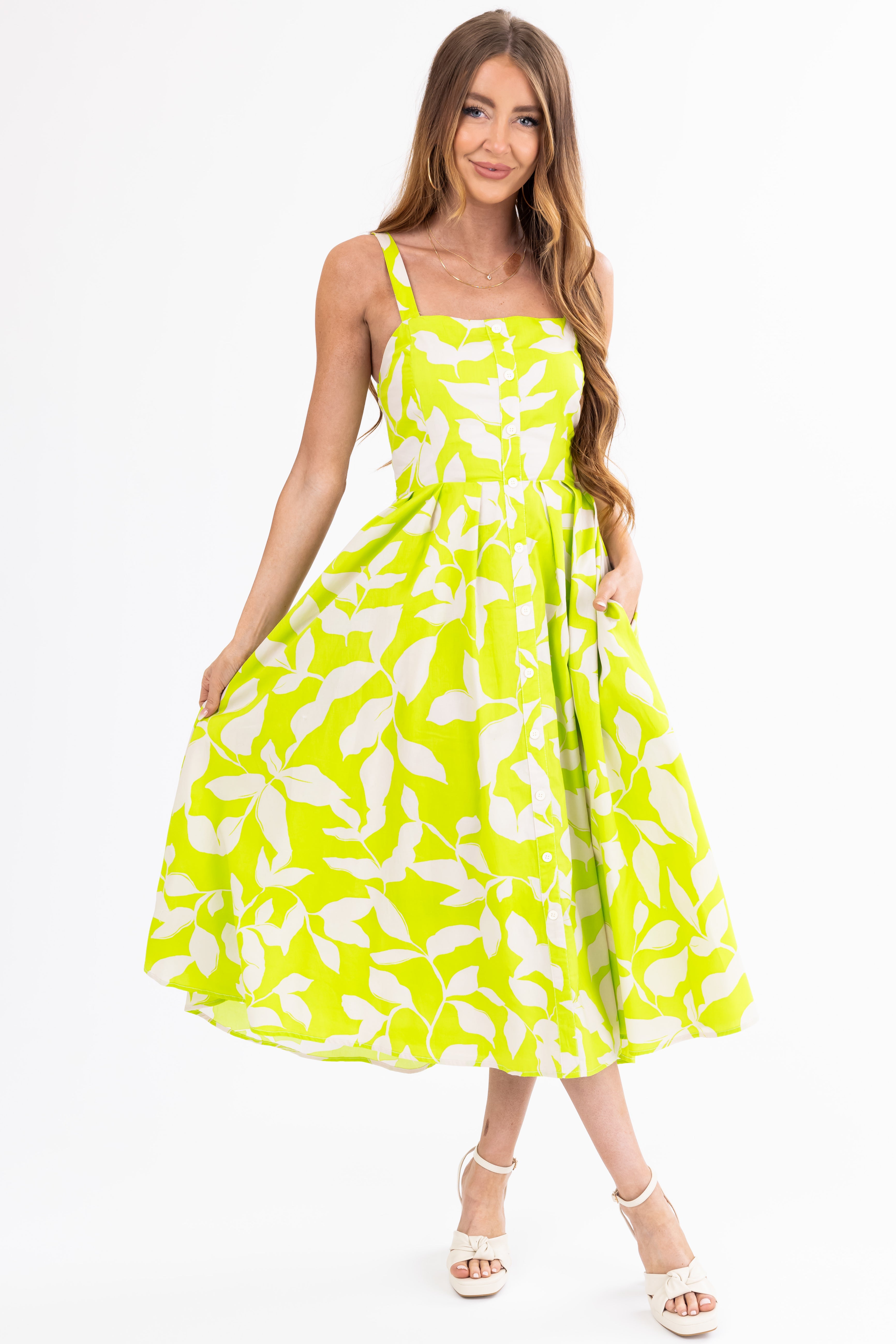 Flying Tomato Lime Floral Square Neck Midi Dress-Newayad