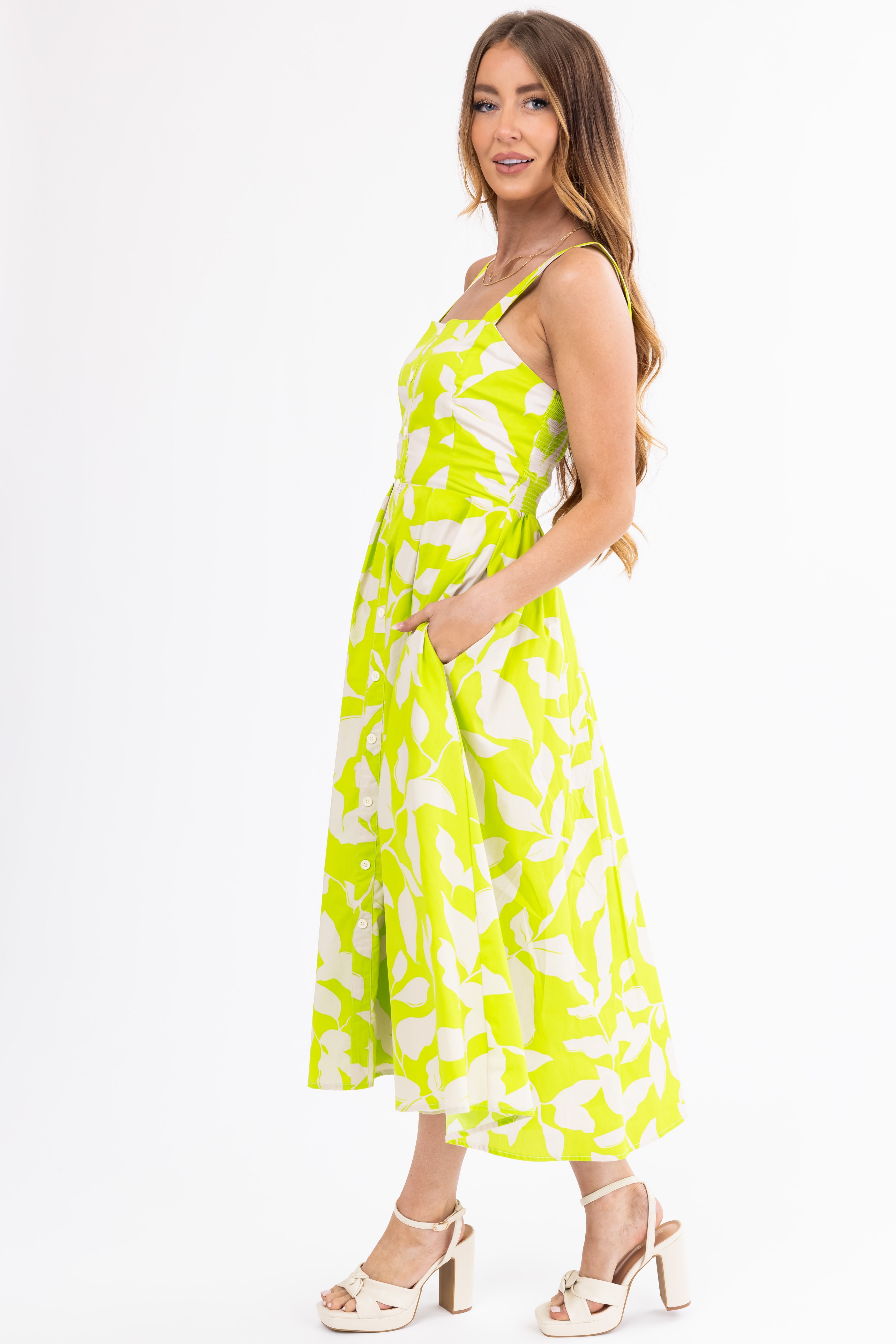 Flying Tomato Lime Floral Square Neck Midi Dress-Newayad