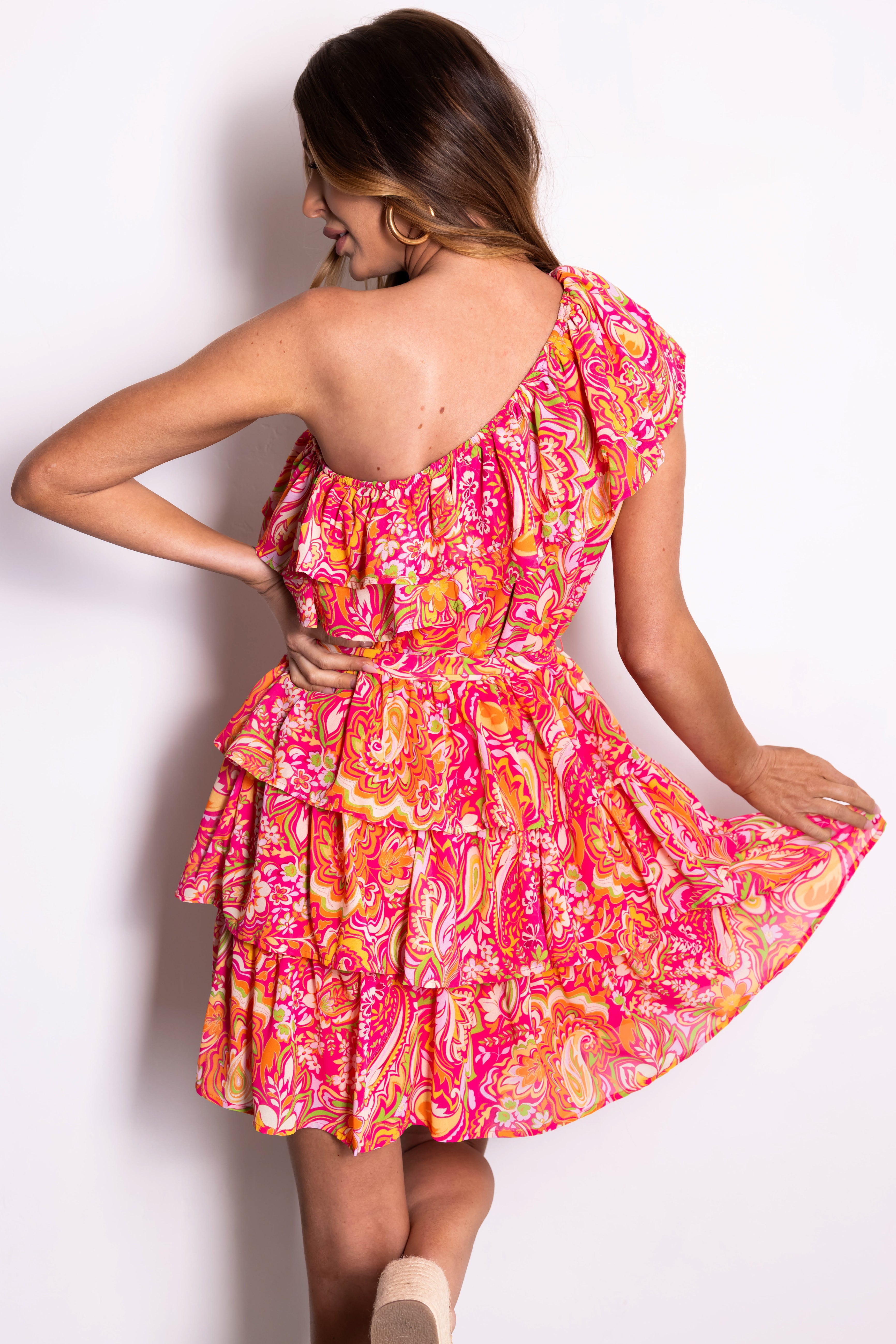 Flying Tomato Magenta Print One Shoulder Dress-Newayad