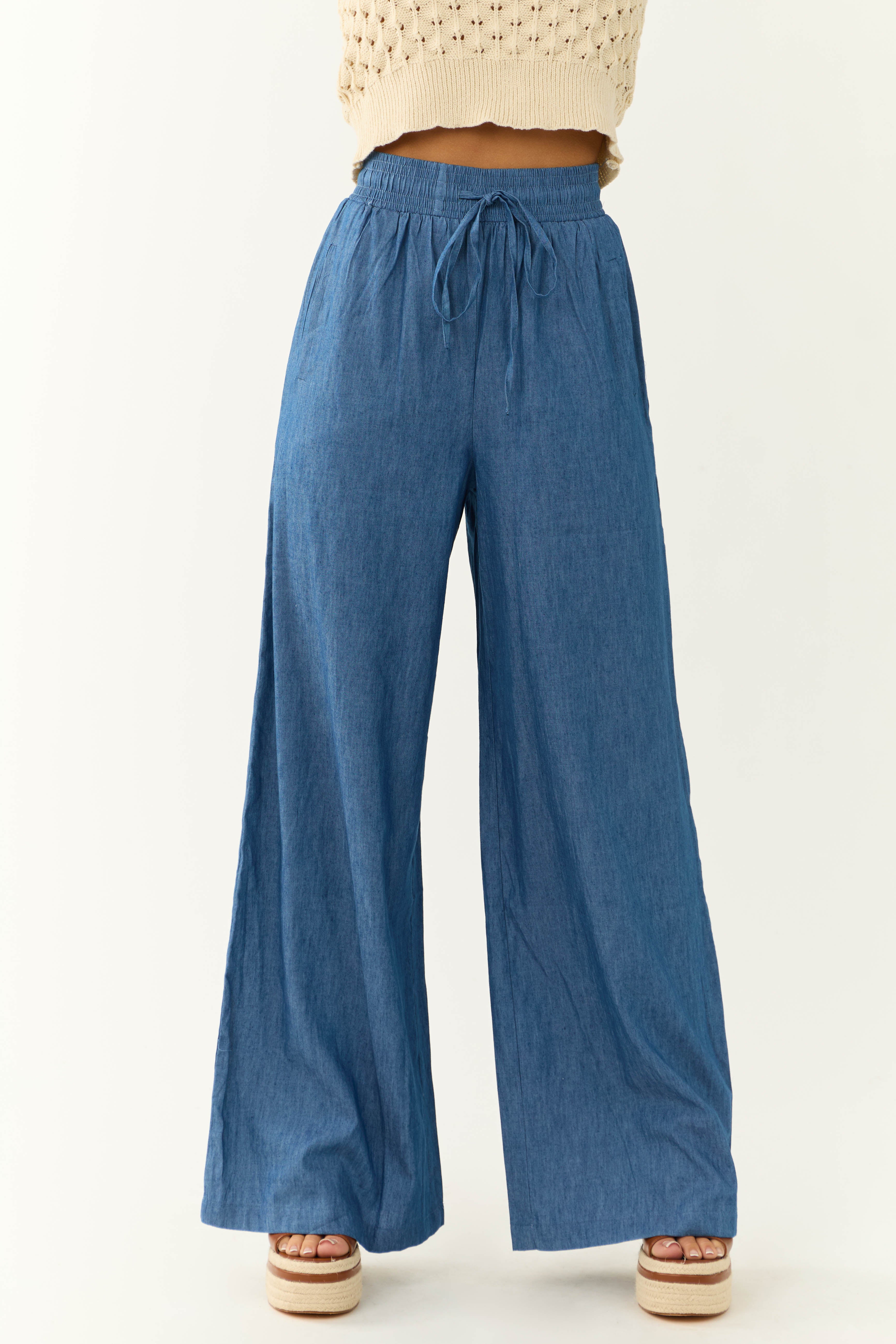 Flying Tomato Medium Chambray High Rise Wide Leg Pants-Newayad