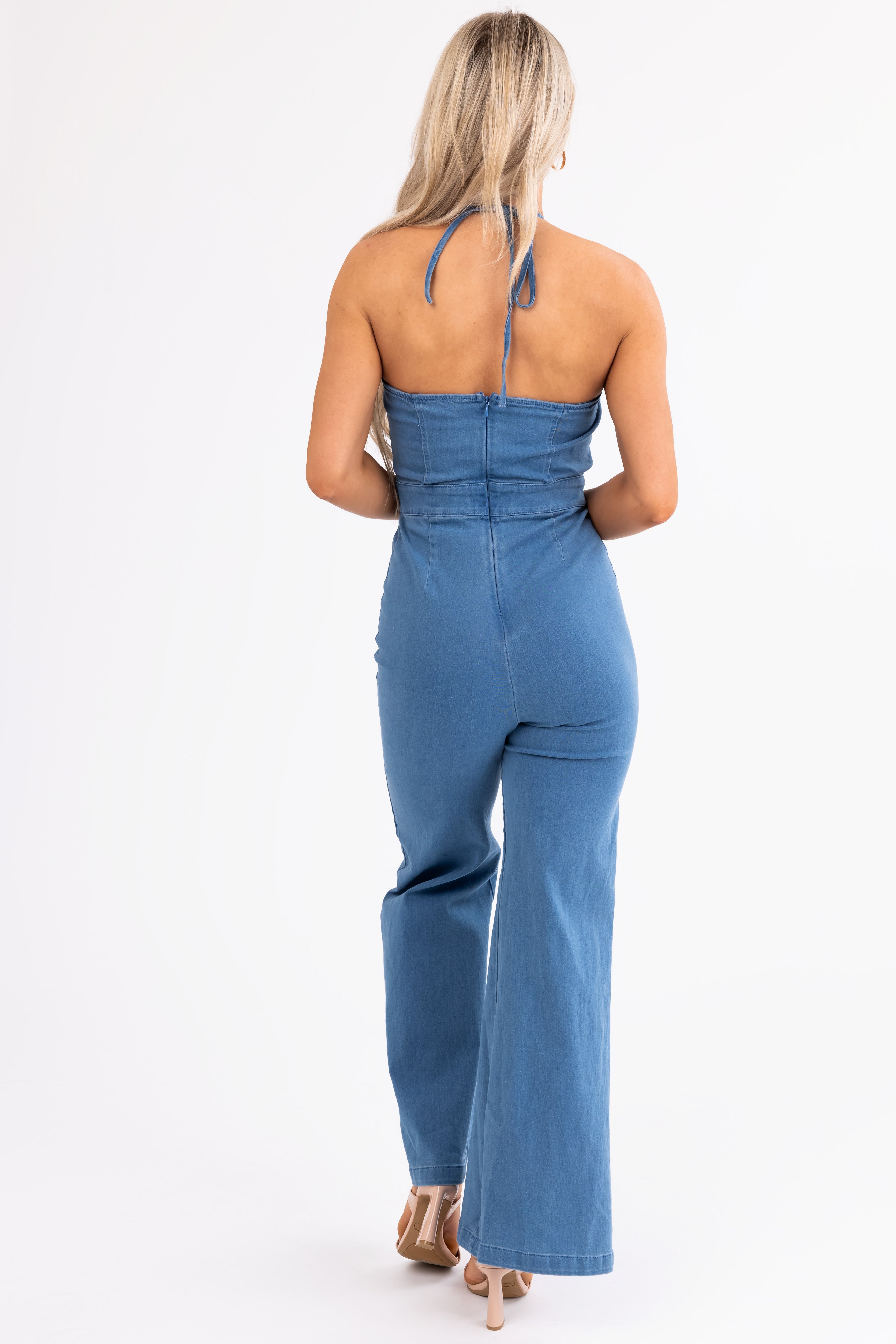 Flying Tomato Medium Wash Halter Neck Jumpsuit-Newayad