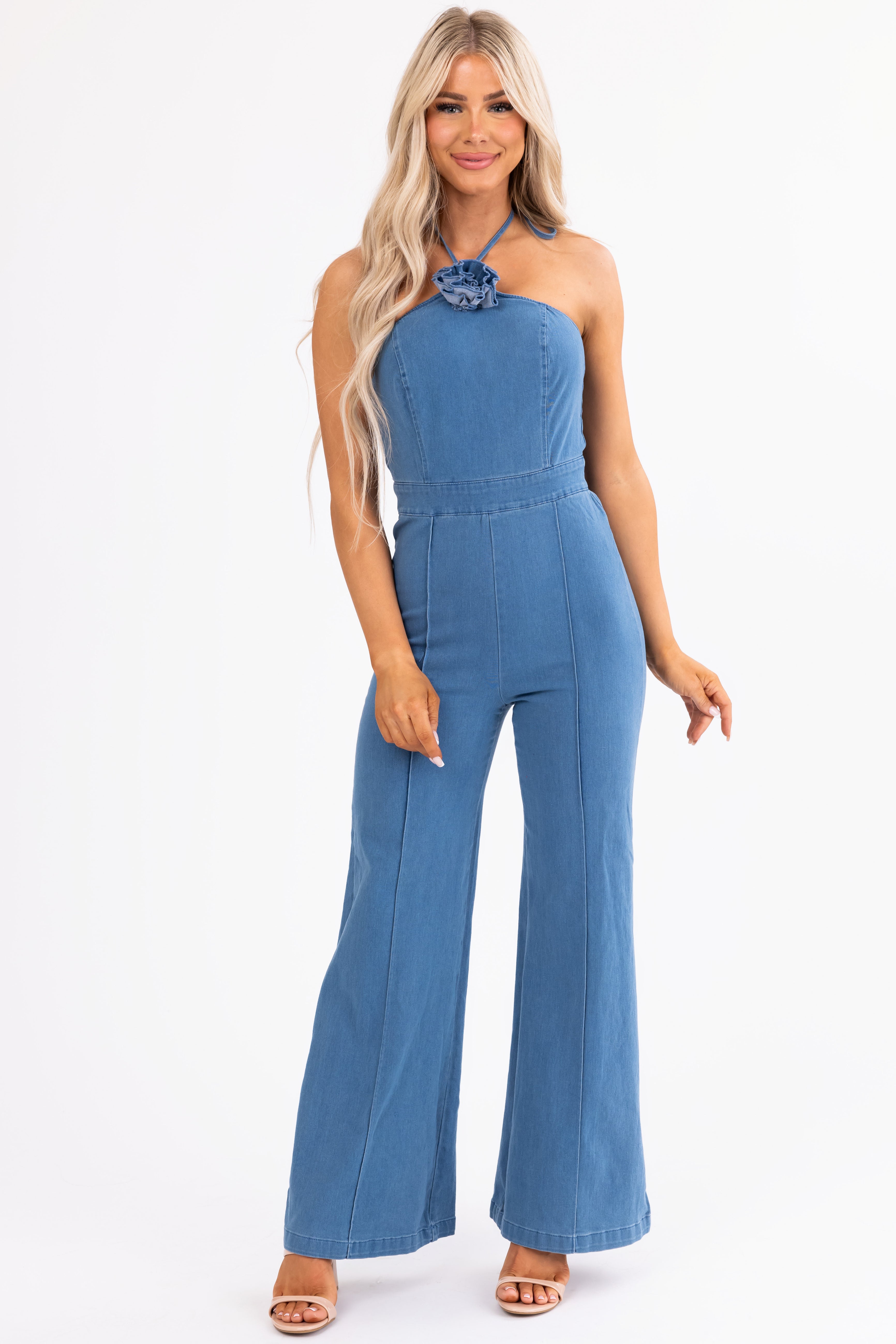 Flying Tomato Medium Wash Halter Neck Jumpsuit-Newayad