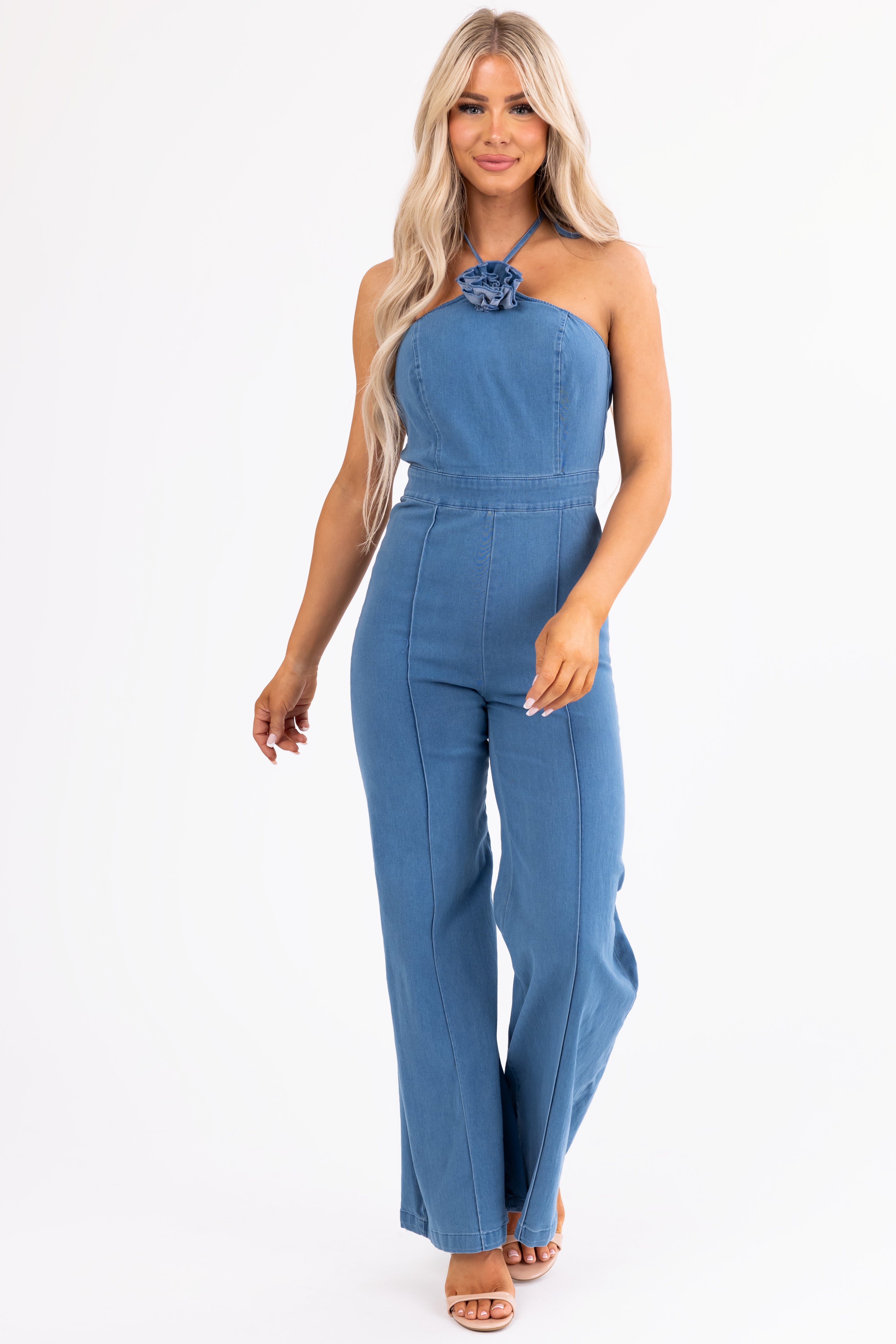 Flying Tomato Medium Wash Halter Neck Jumpsuit-Newayad