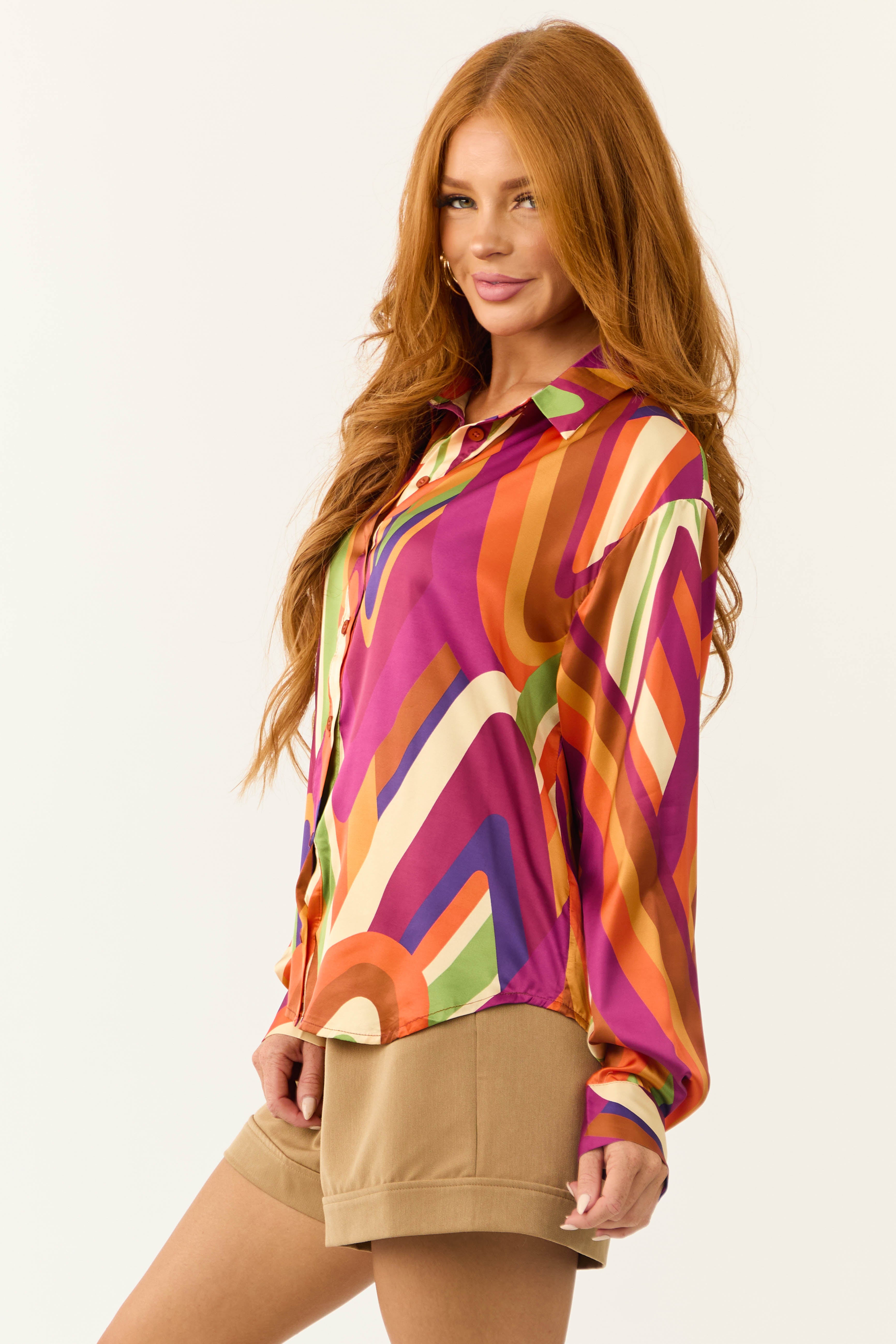 Flying Tomato Retro Multicolor Abstract Satin Shirt-Newayad