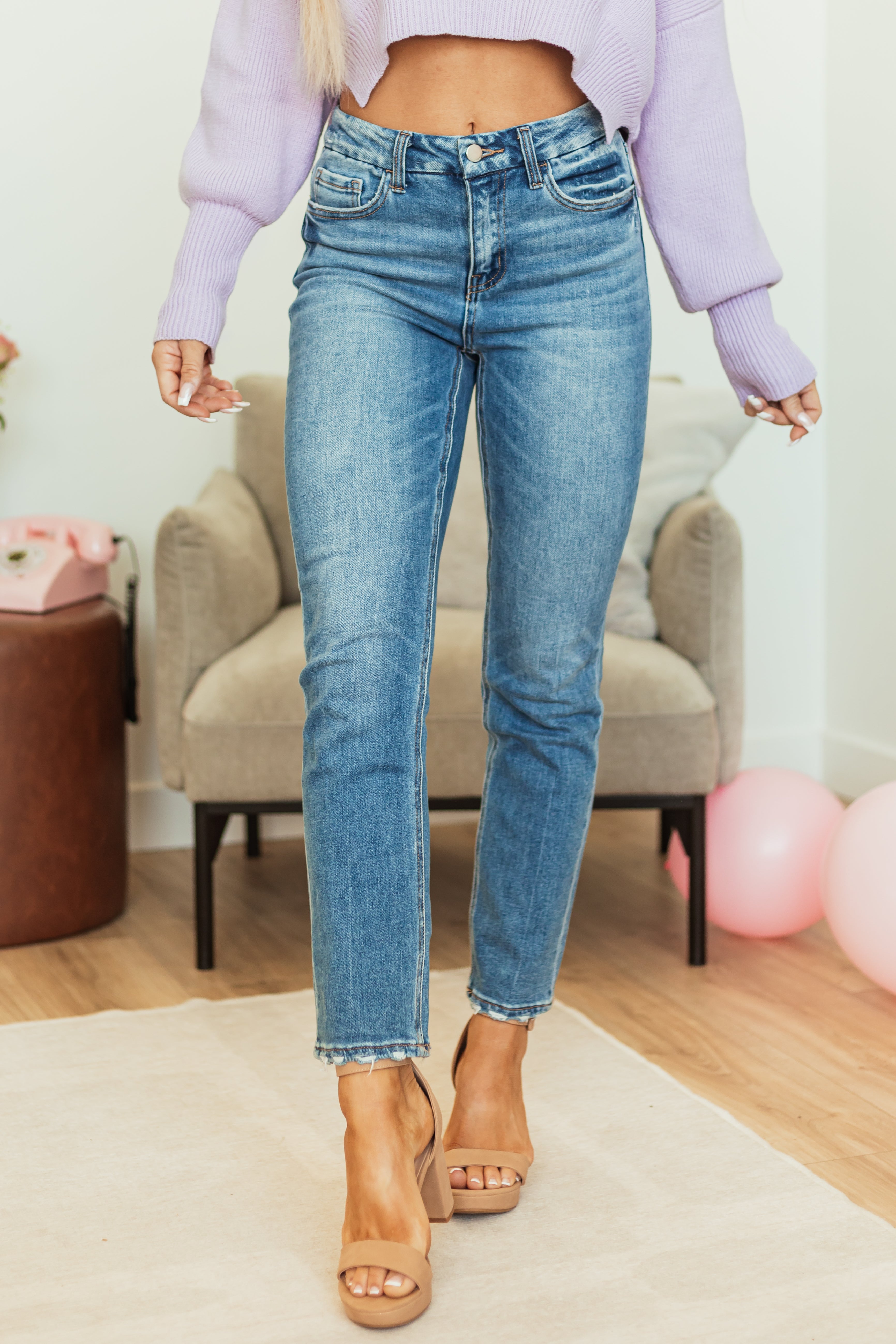 Flying Monkey Medium Wash High Rise Slim Straight Jeans-Newayad