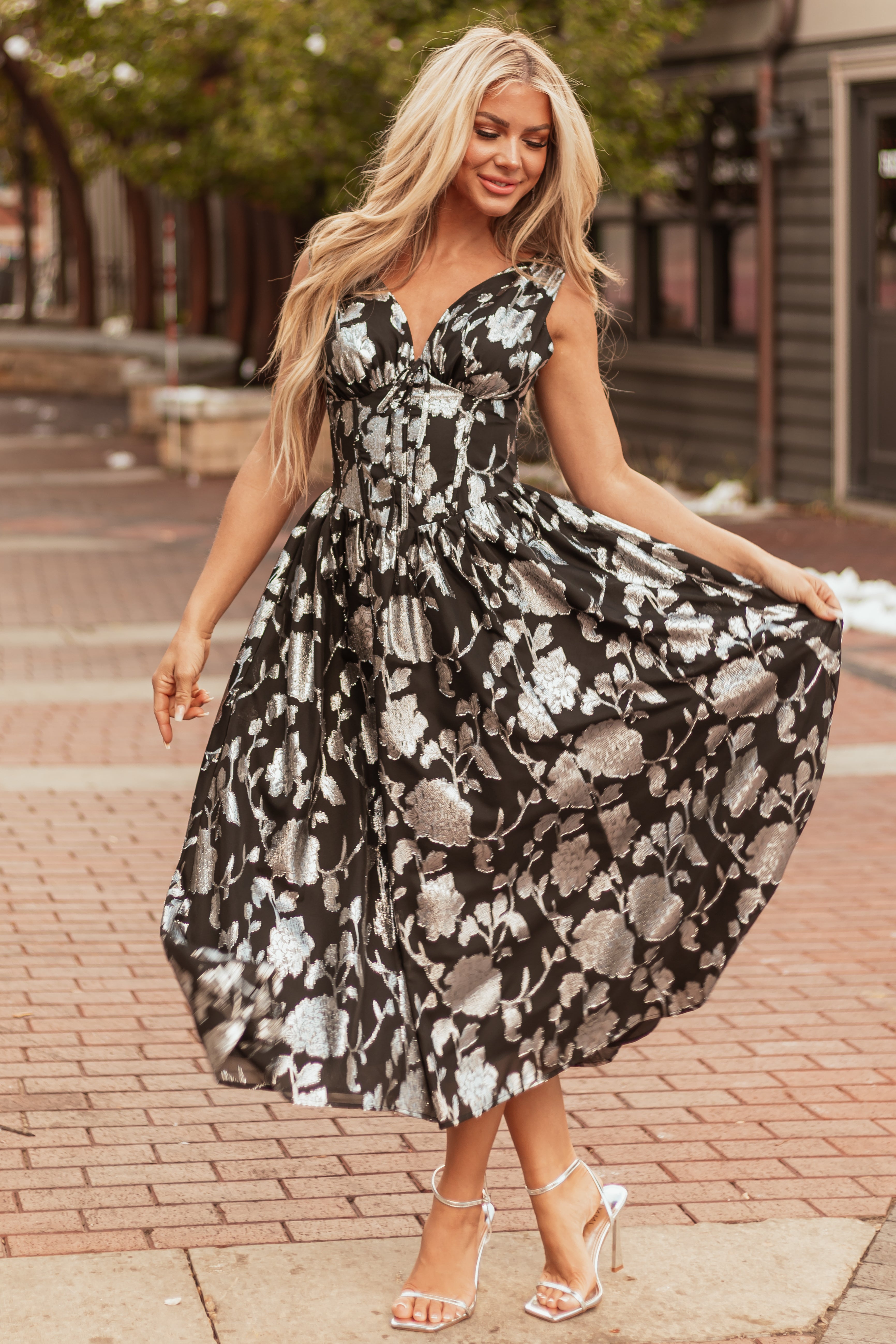Flying Tomato Black and Silver Floral Midi Dress-Newayad