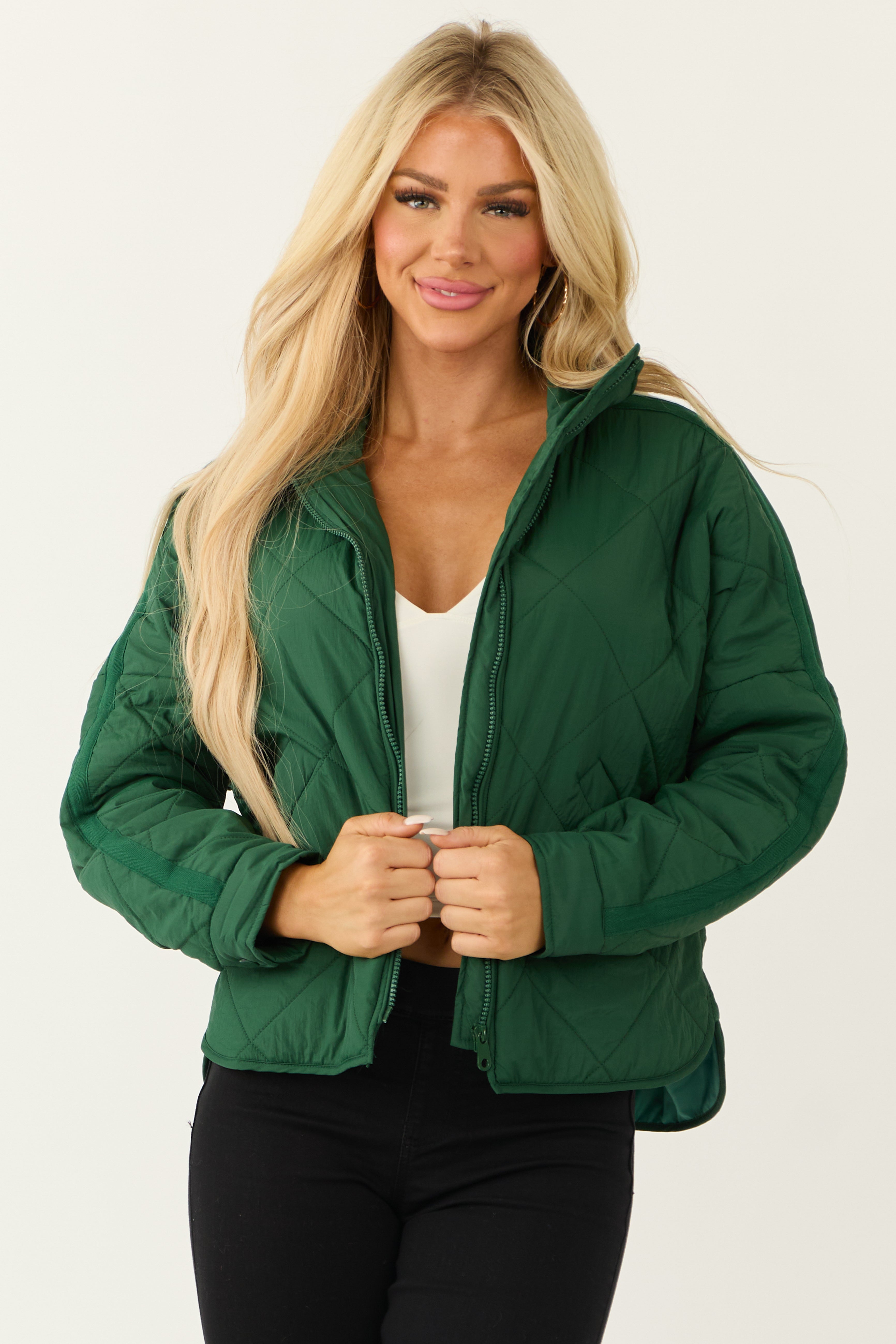 Forest Green Long Sleeve Quilted Puffer Jacket-Newayad