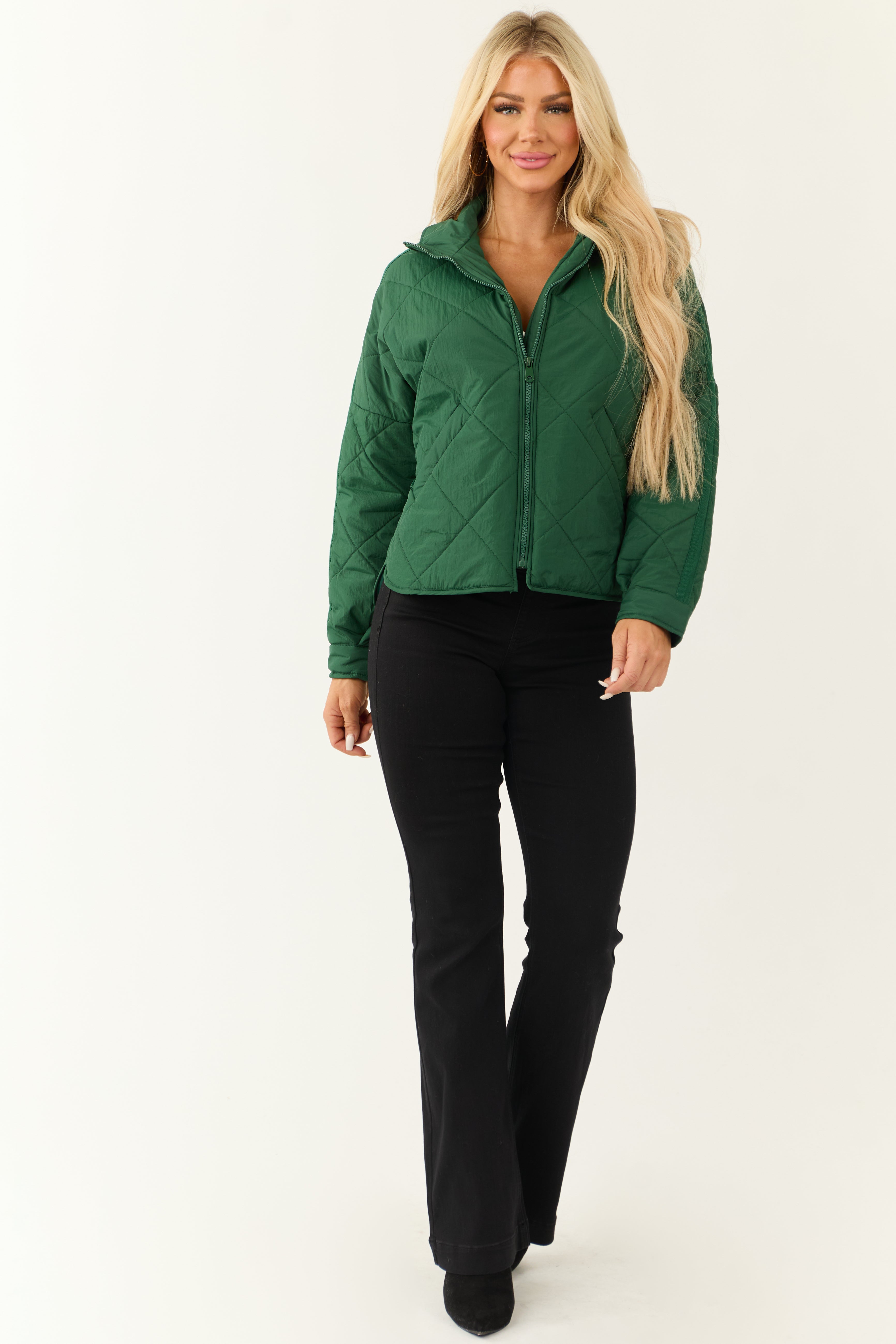 Forest Green Long Sleeve Quilted Puffer Jacket-Newayad
