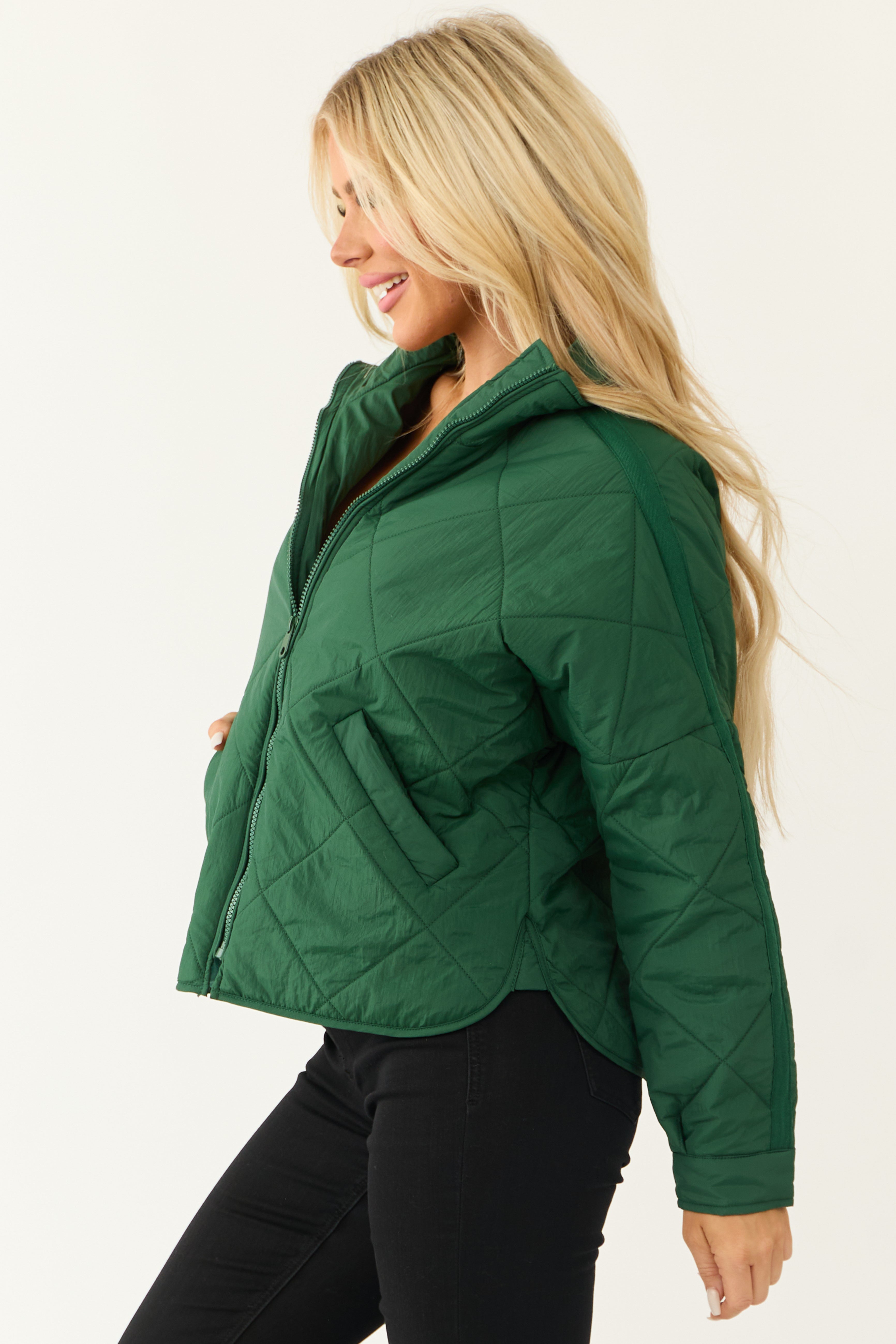 Forest Green Long Sleeve Quilted Puffer Jacket-Newayad