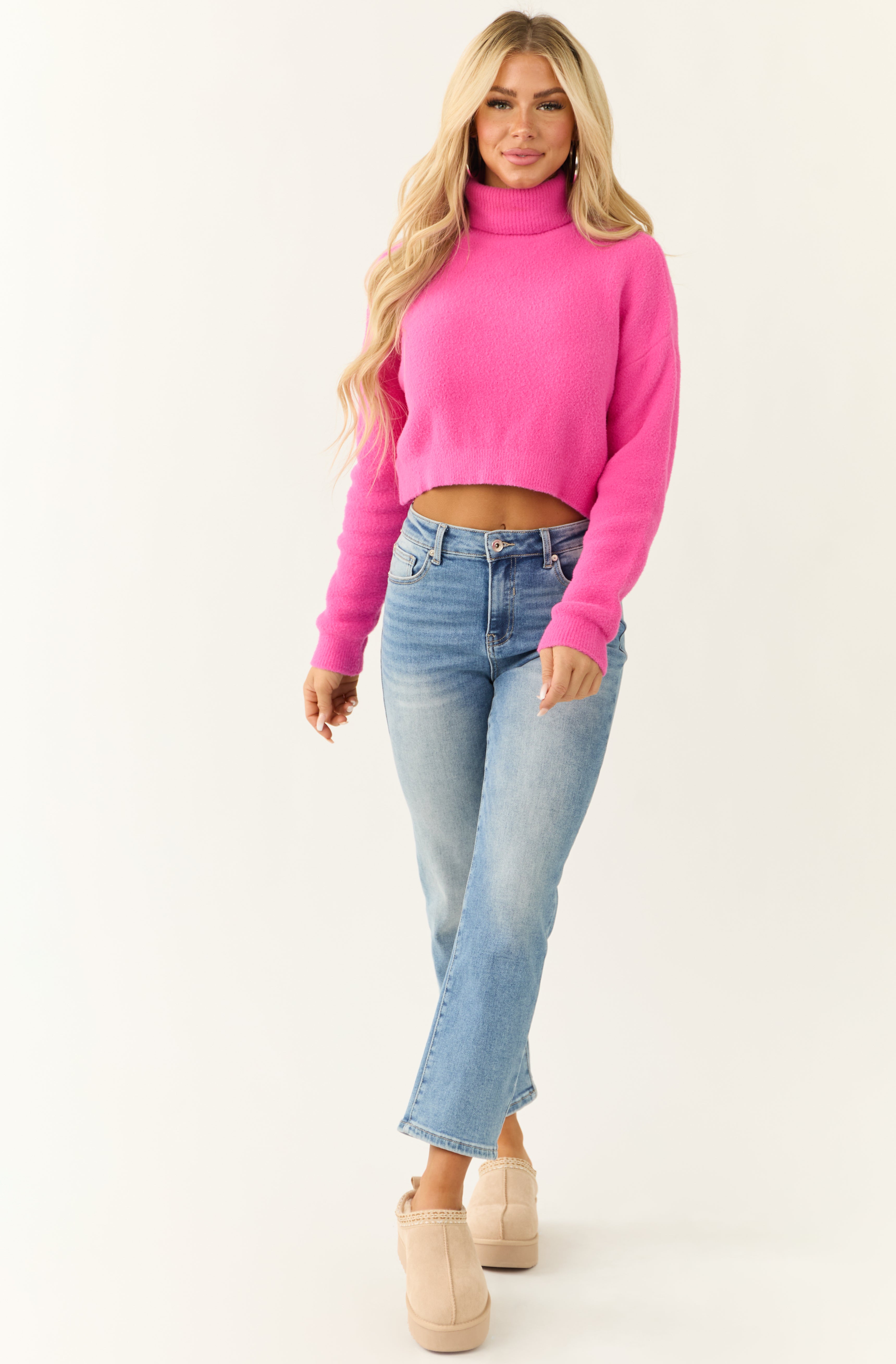 Fuchsia Cropped Turtleneck Fuzzy Sweater-Newayad