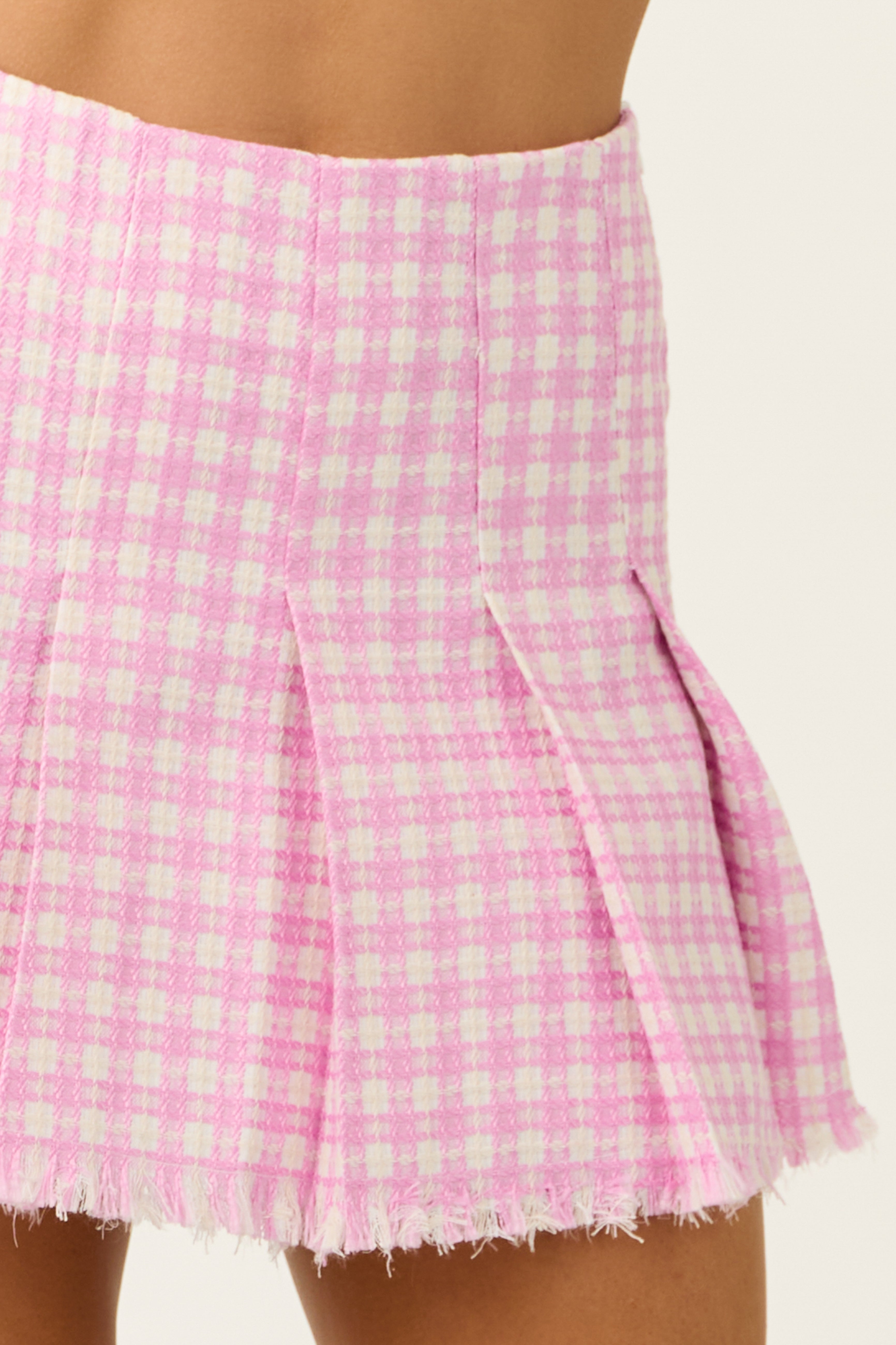Fuchsia Plaid Tweed Frayed Hem Mini Skirt-Newayad